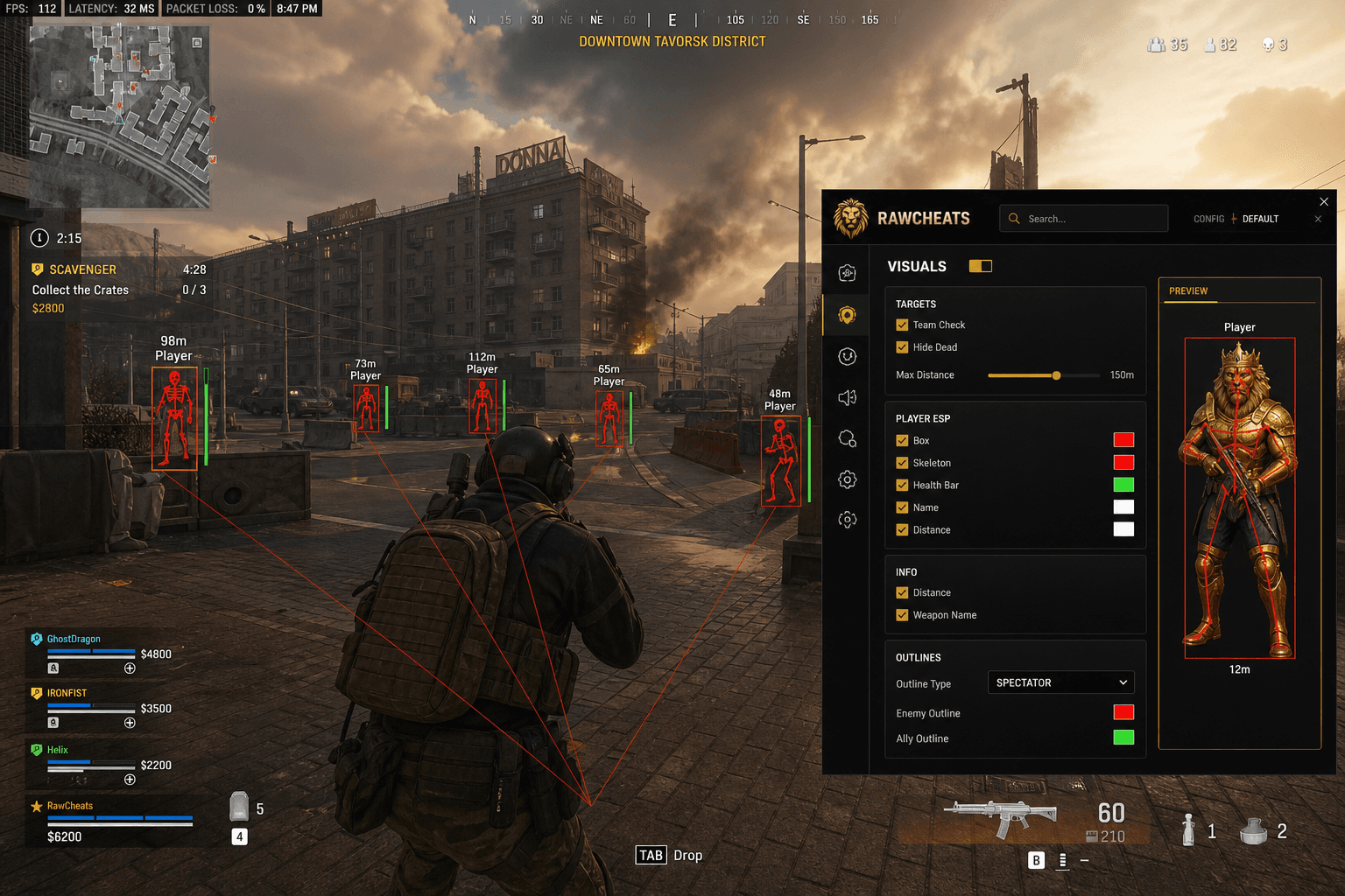 Cheap Call of Duty: Warzone Cheats (2026) — in-game screenshot showing RawCheats overlay