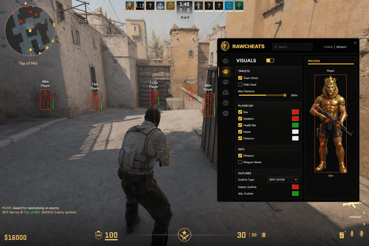 Cheap Counter-Strike 2 Cheats (2026) — in-game screenshot showing RawCheats overlay