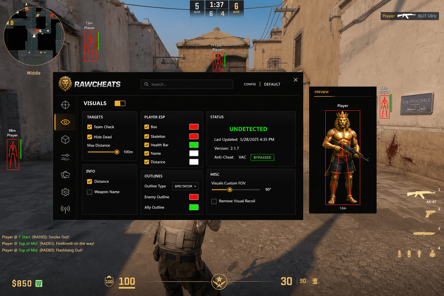 Counter-Strike 2 Cheat Status — May 2026 — in-game screenshot showing RawCheats overlay