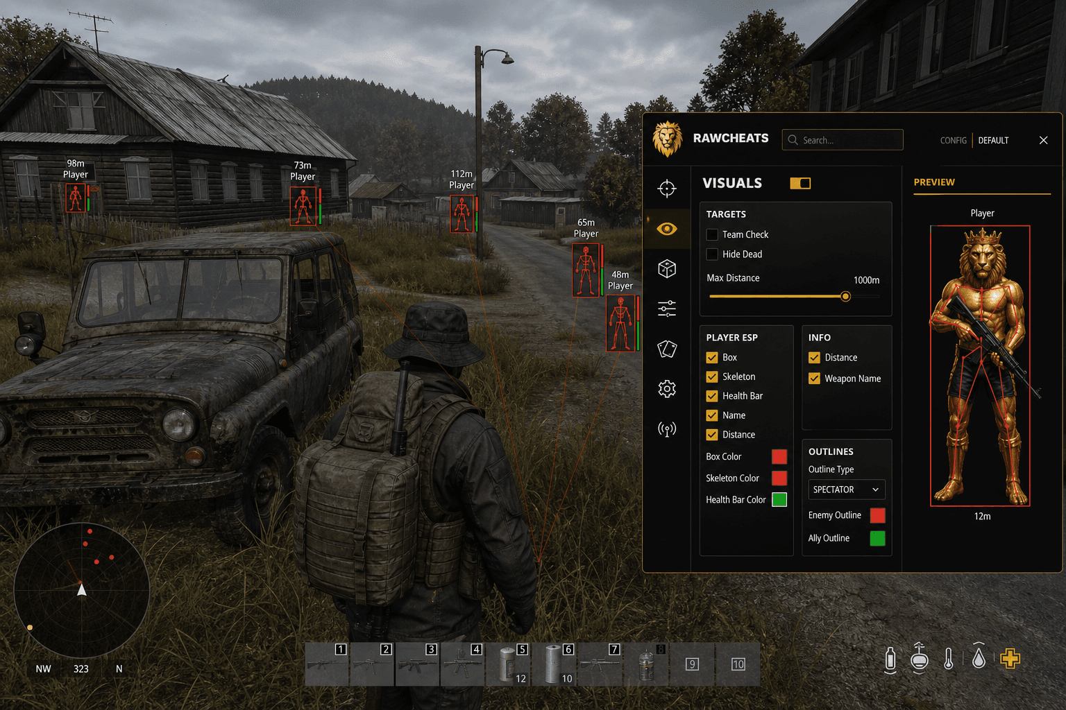 Cheap DayZ Cheats (2026) — in-game screenshot showing RawCheats overlay