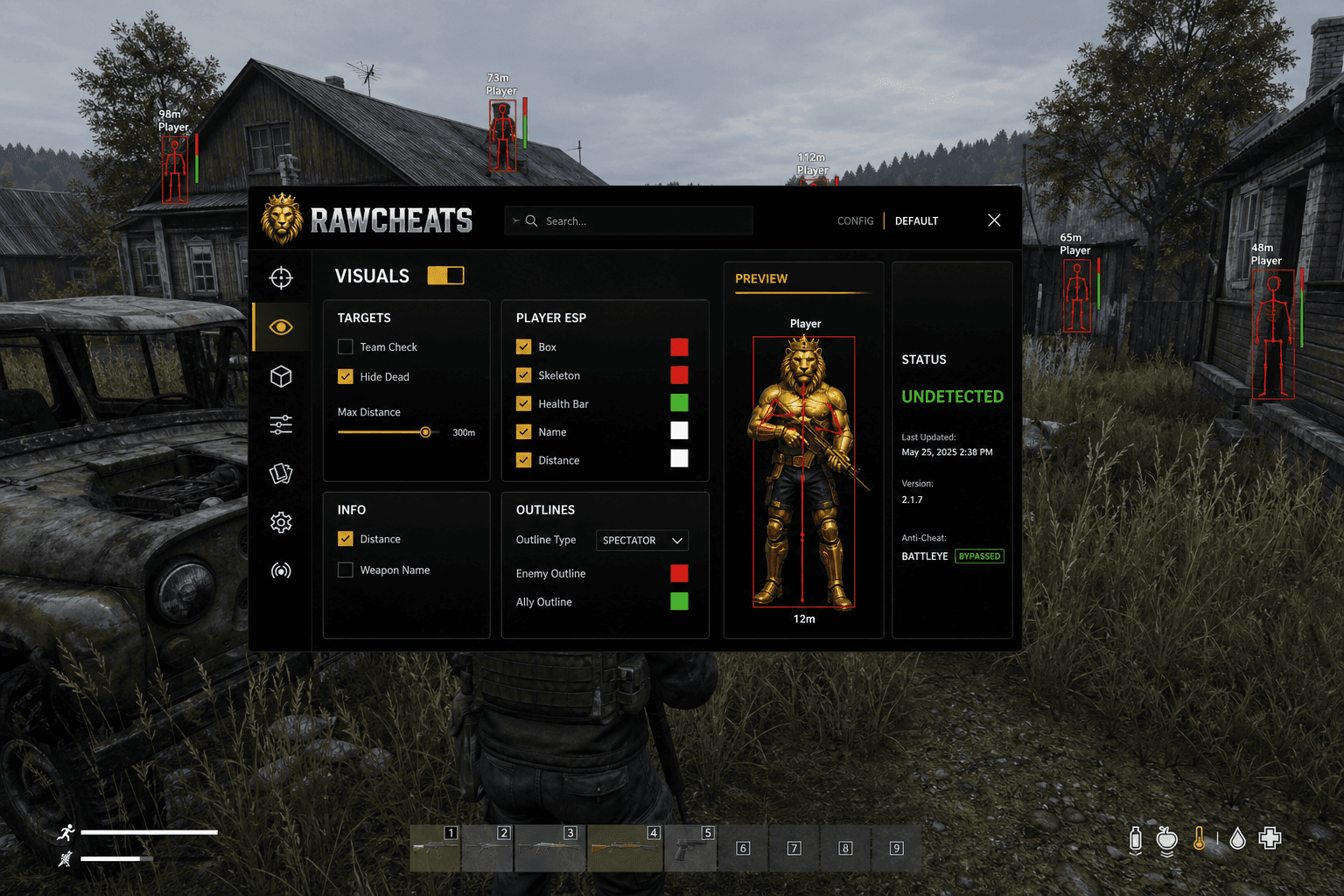 DayZ Cheat Status — May 2026 — in-game screenshot showing RawCheats overlay