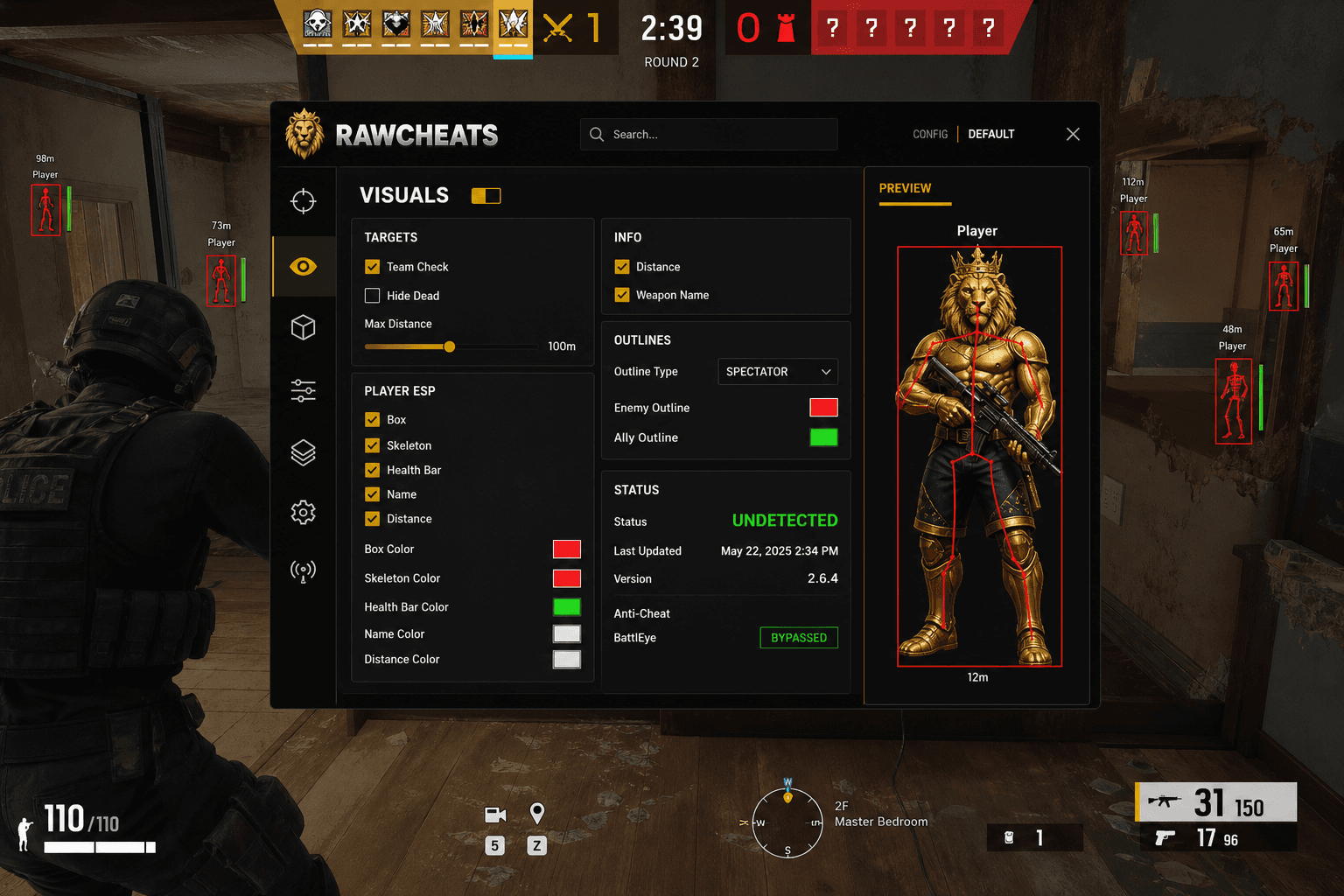 Rainbow Six Siege X Cheat Status — May 2026 — in-game screenshot showing RawCheats overlay