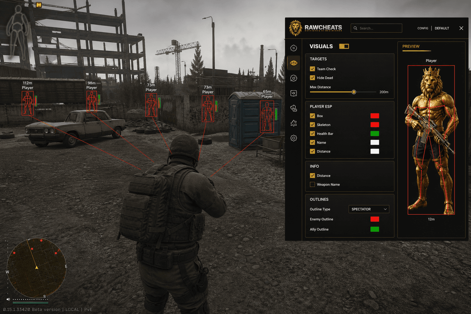 Cheap Escape from Tarkov Cheats (2026) — in-game screenshot showing RawCheats overlay