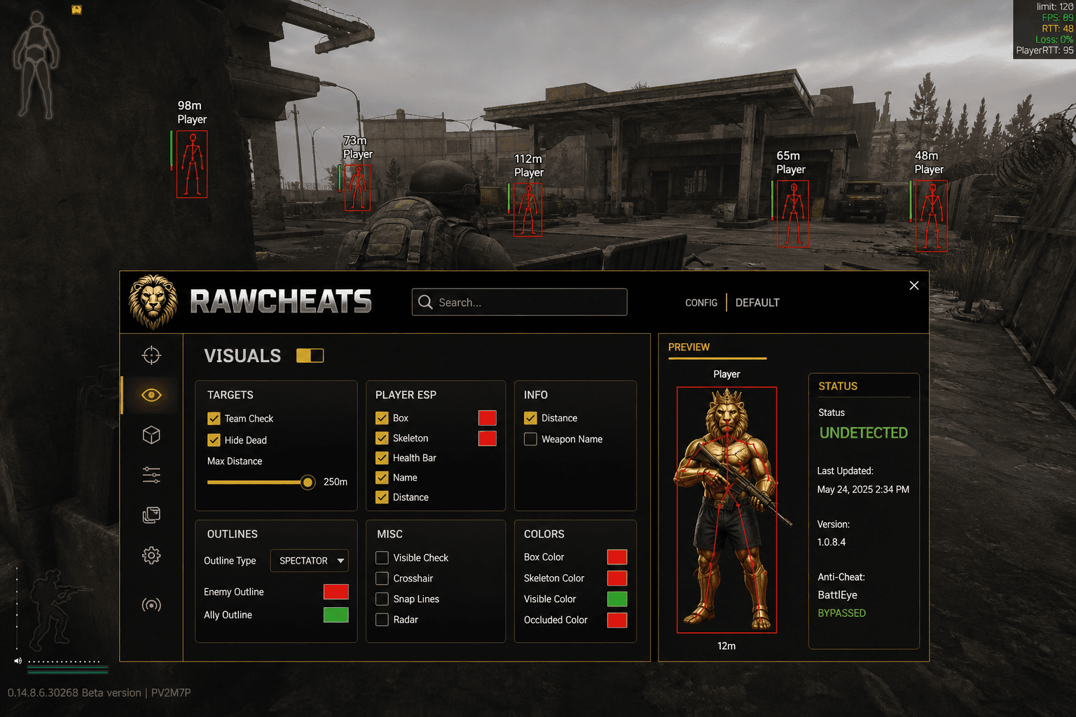 Escape from Tarkov Cheat Status — May 2026 — in-game screenshot showing RawCheats overlay