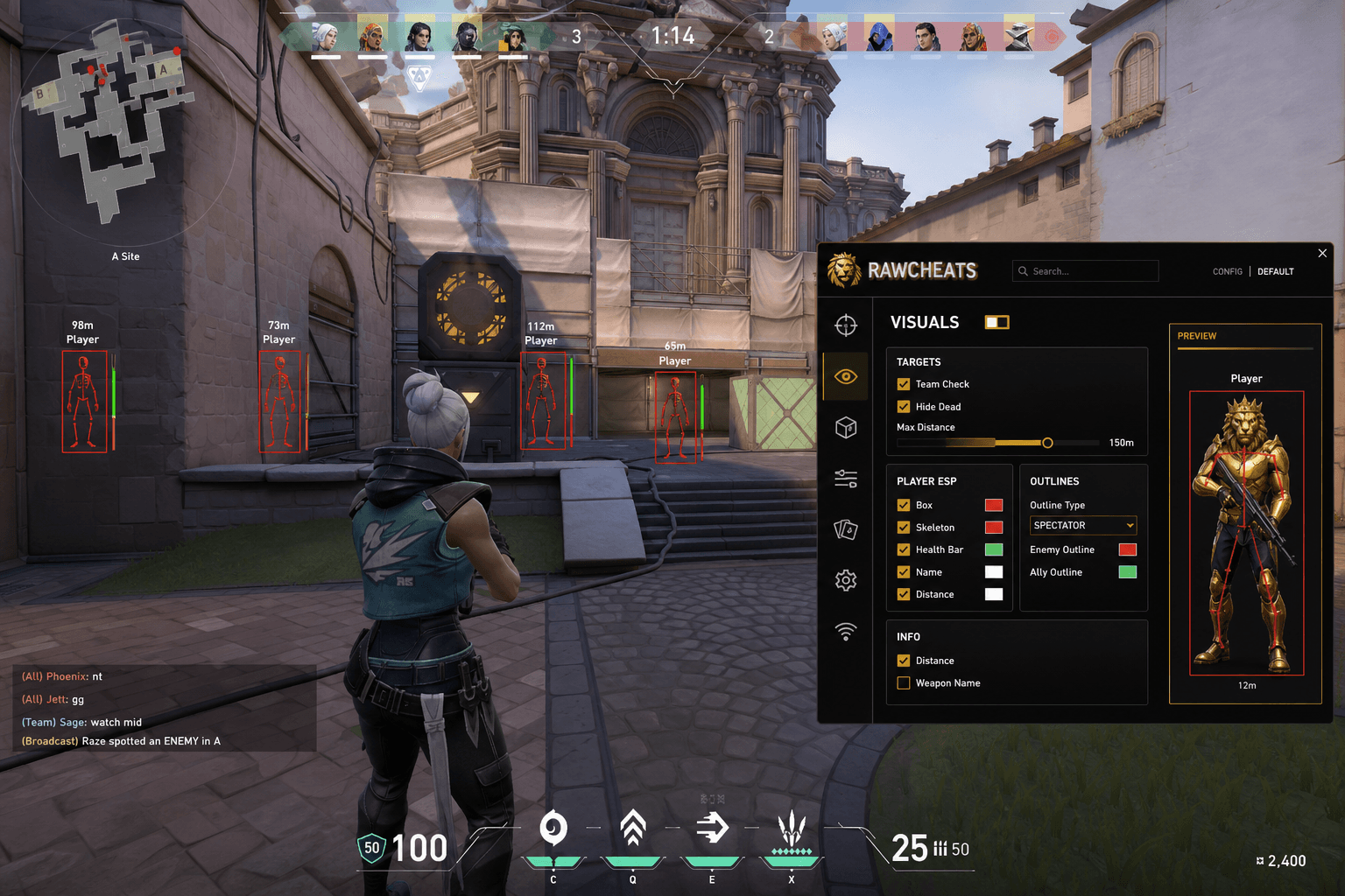 Cheap Valorant Cheats (2026) — in-game screenshot showing RawCheats overlay