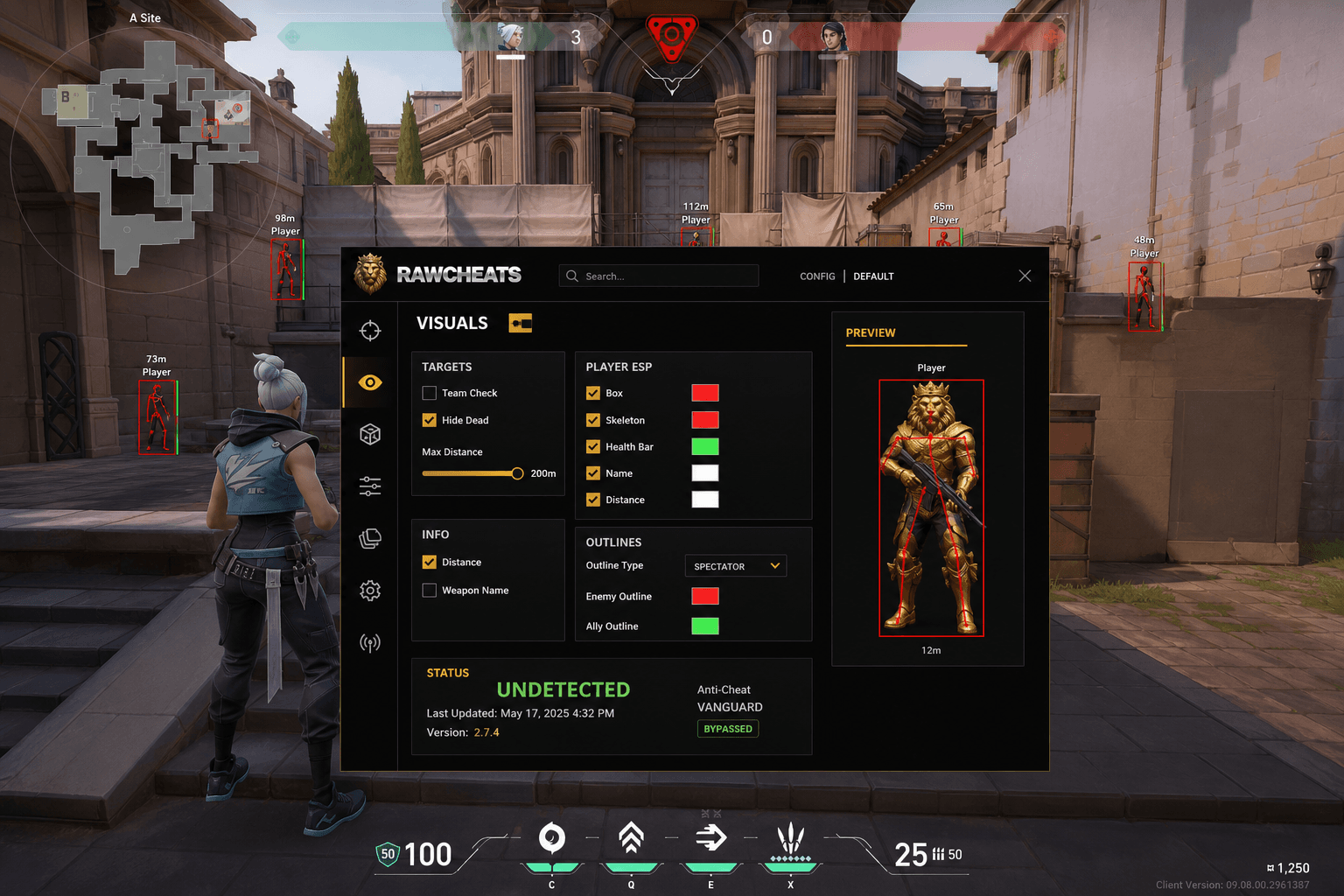 Valorant Cheat Status — May 2026 — in-game screenshot showing RawCheats overlay