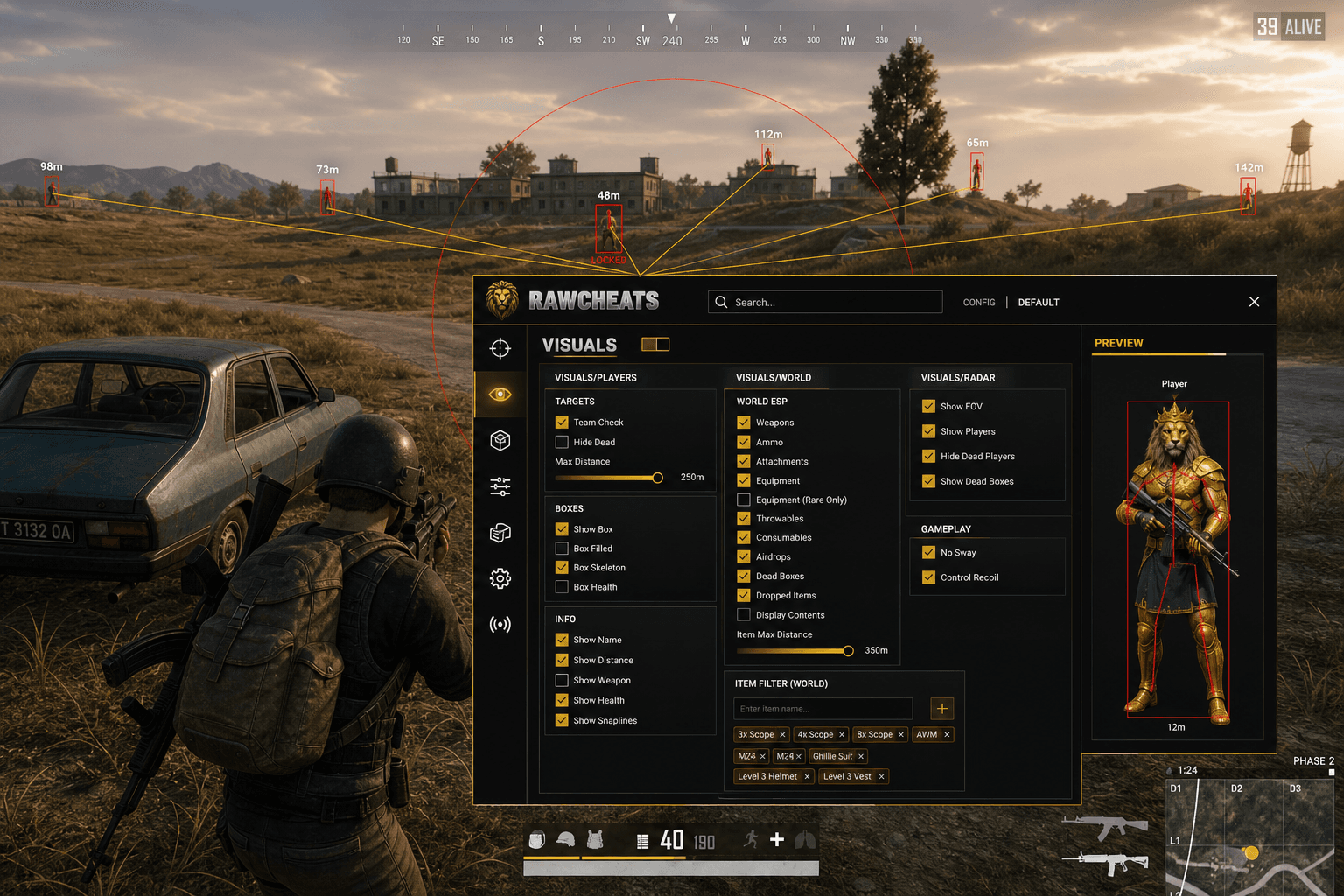 PUBG gameplay with the RawCheats menu open showing player ESP and aimbot configuration