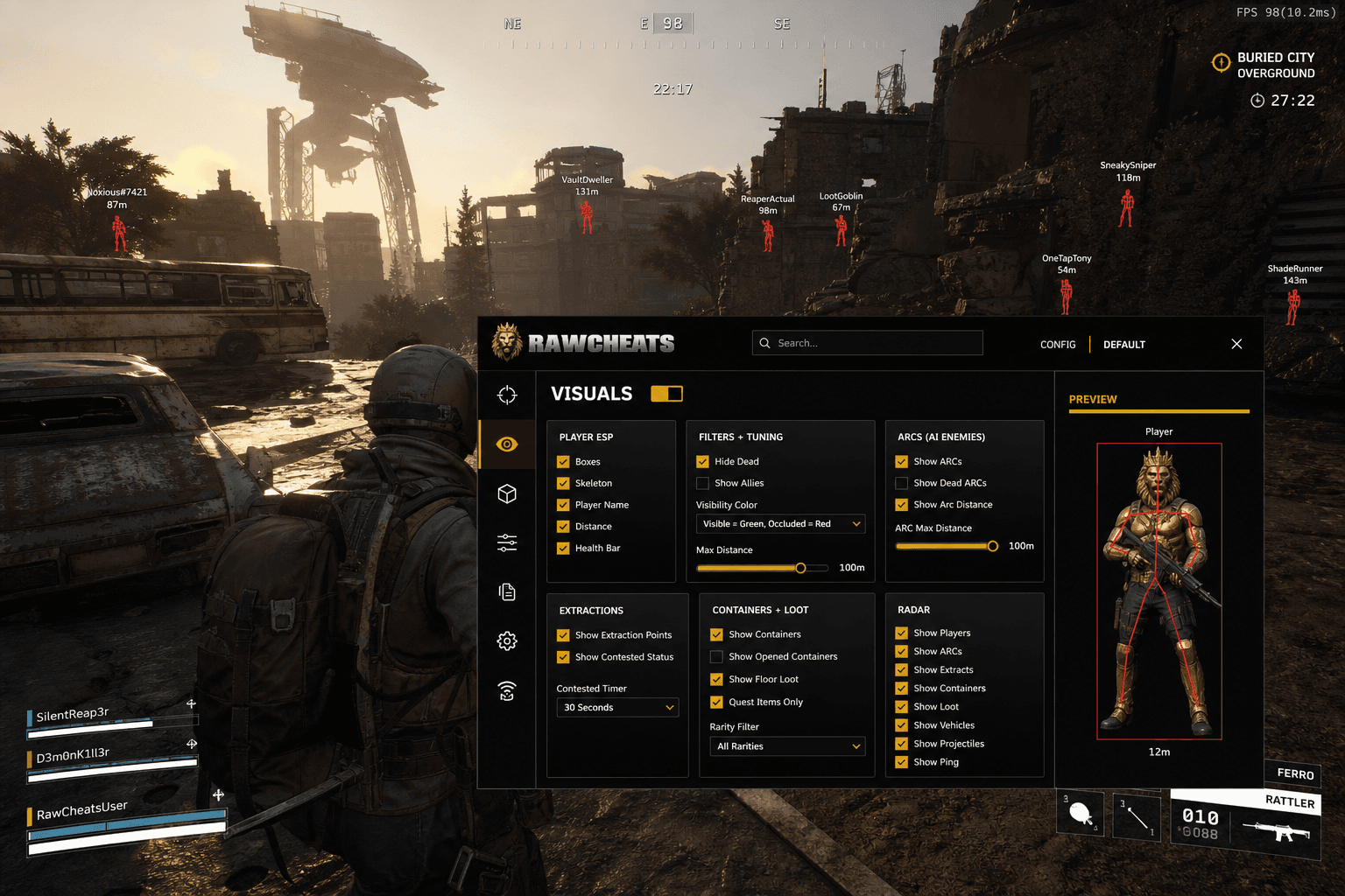 Undetected ARC Raiders Wallhack (2026) — in-game screenshot showing RawCheats overlay