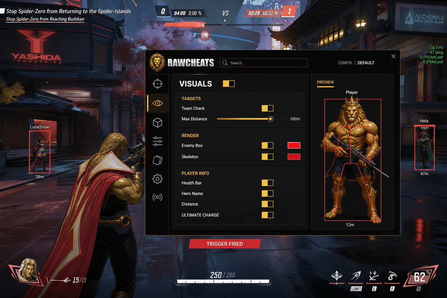 Undetected Marvel Rivals Triggerbot (2026) — in-game screenshot showing RawCheats overlay