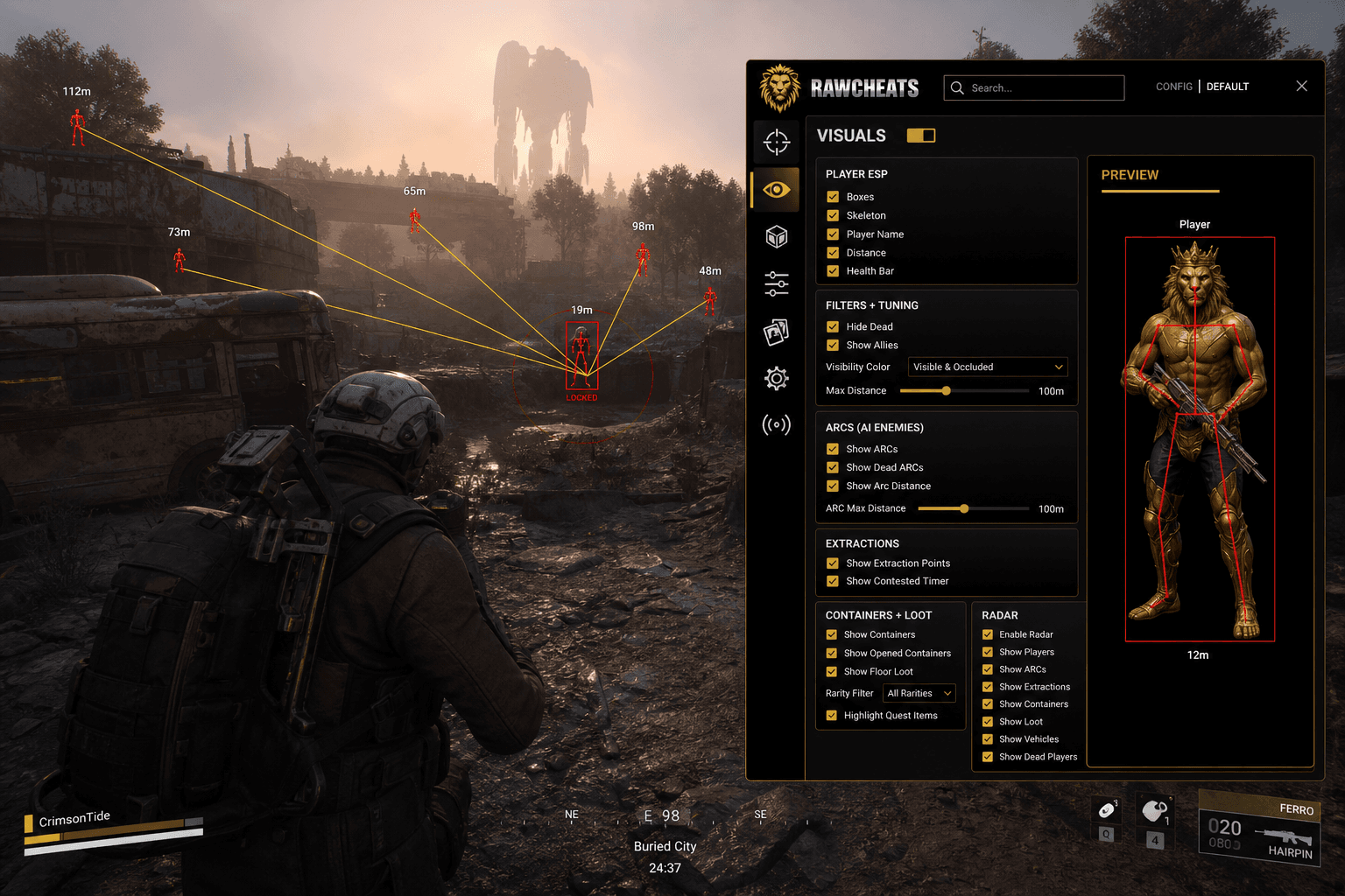 Cheap ARC Raiders Aimbot (2026) — in-game screenshot showing RawCheats overlay