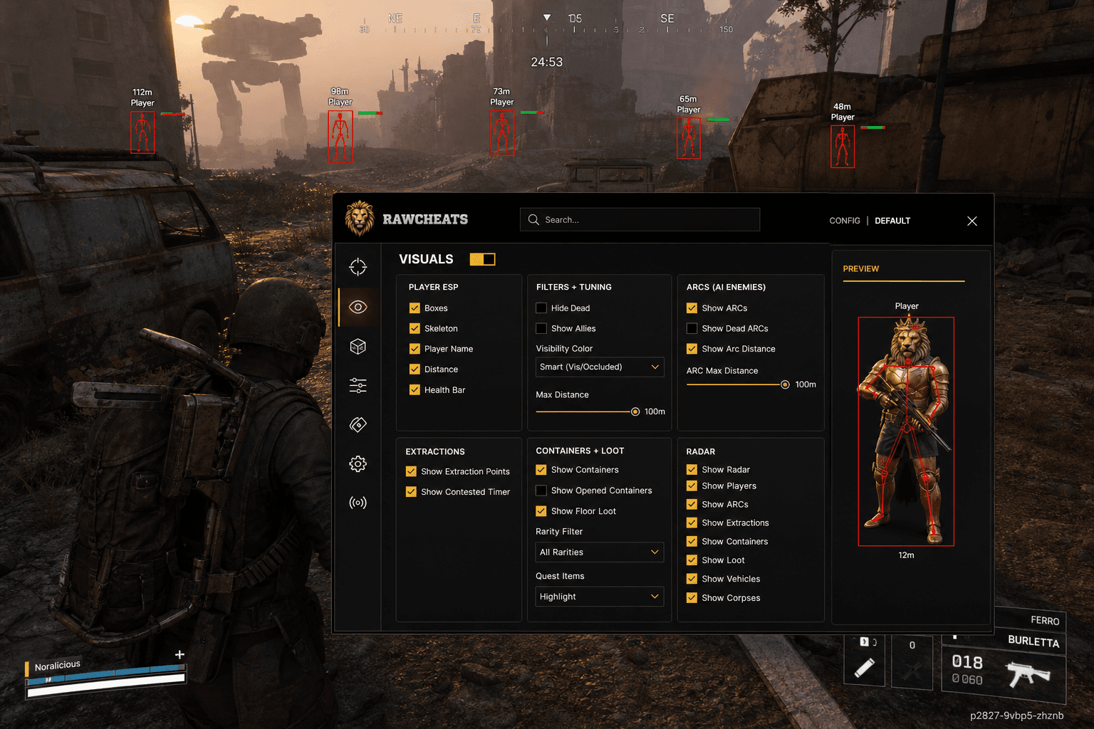 Cheap ARC Raiders ESP (2026) — in-game screenshot showing RawCheats overlay