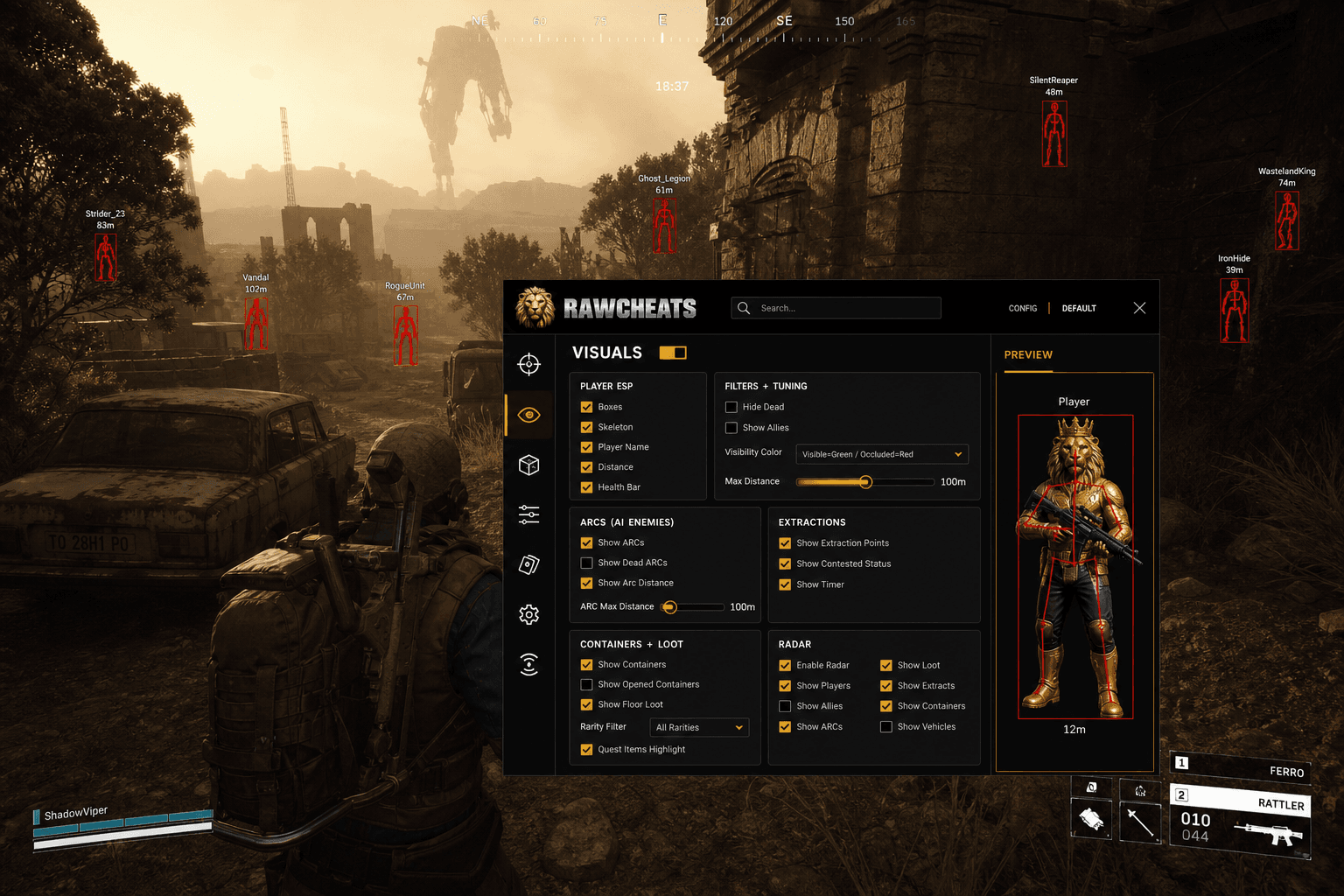 Cheap ARC Raiders Wallhack (2026) — in-game screenshot showing RawCheats overlay