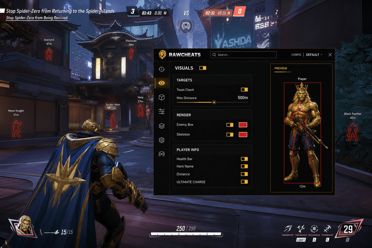 Cheap Marvel Rivals Wallhack (2026) — in-game screenshot showing RawCheats overlay