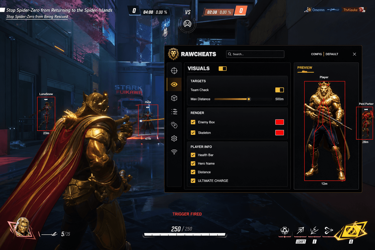 Cheap Marvel Rivals Triggerbot (2026) — in-game screenshot showing RawCheats overlay