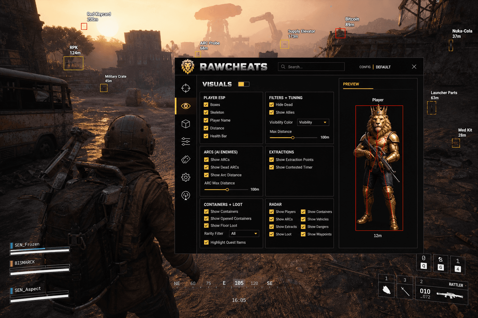 Cheap ARC Raiders Loot ESP (2026) — in-game screenshot showing RawCheats overlay