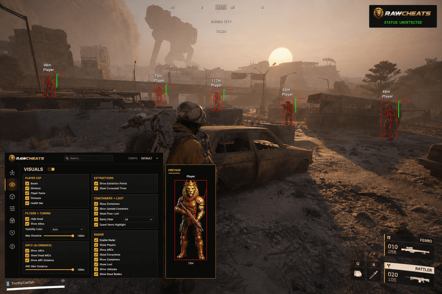 ARC Raiders Cheats — Download 2026 — in-game screenshot showing RawCheats overlay