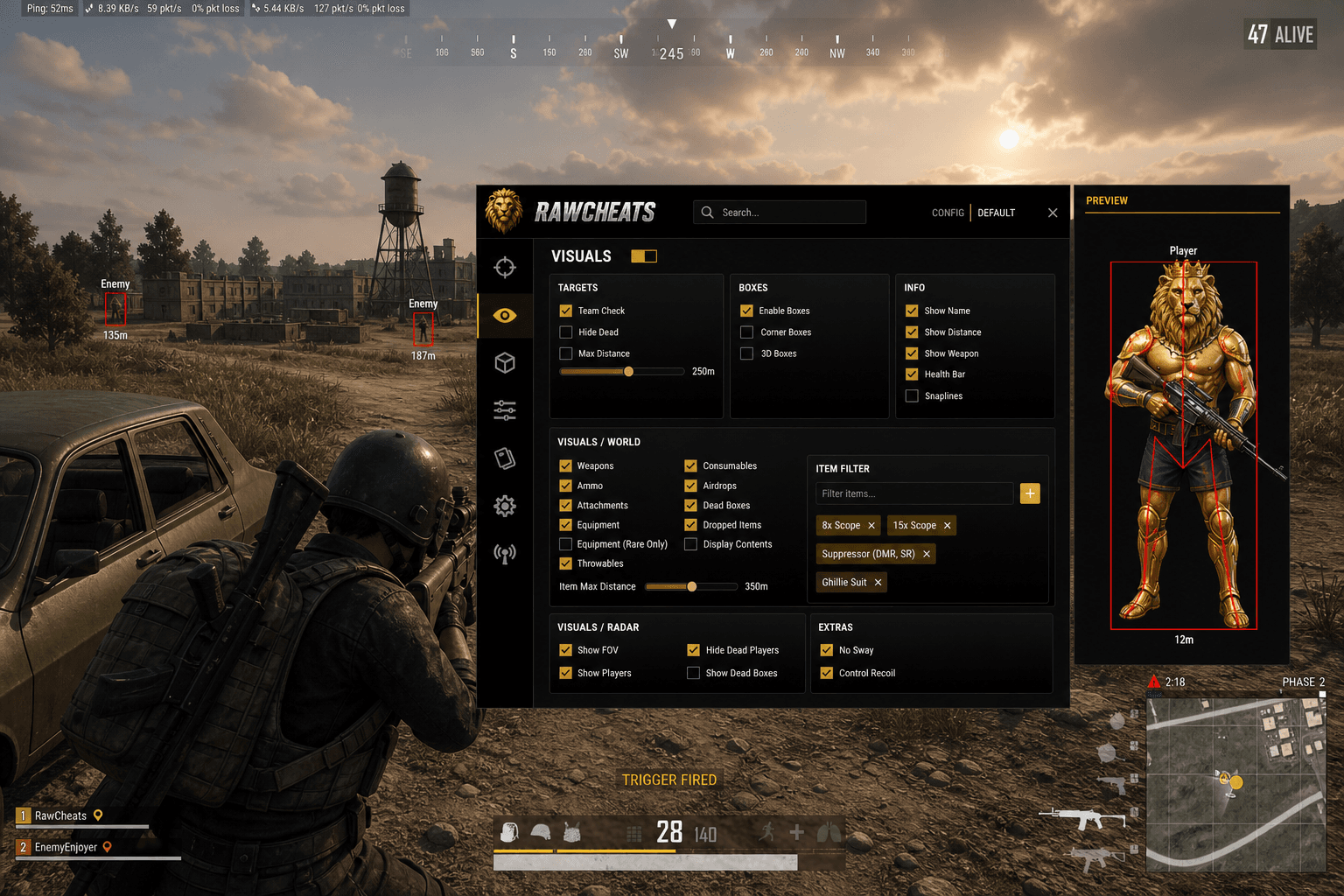 PUBG: BATTLEGROUNDS Triggerbot — Auto-Fire Reaction (2026) — in-game screenshot showing RawCheats overlay
