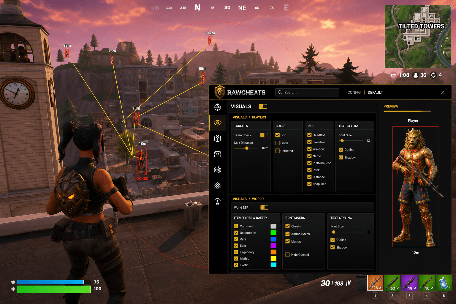 Undetected Fortnite Aimbot (2026) — in-game screenshot showing RawCheats overlay