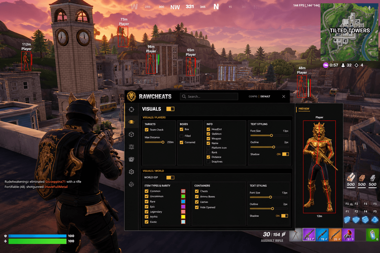 Undetected Fortnite ESP (2026) — in-game screenshot showing RawCheats overlay