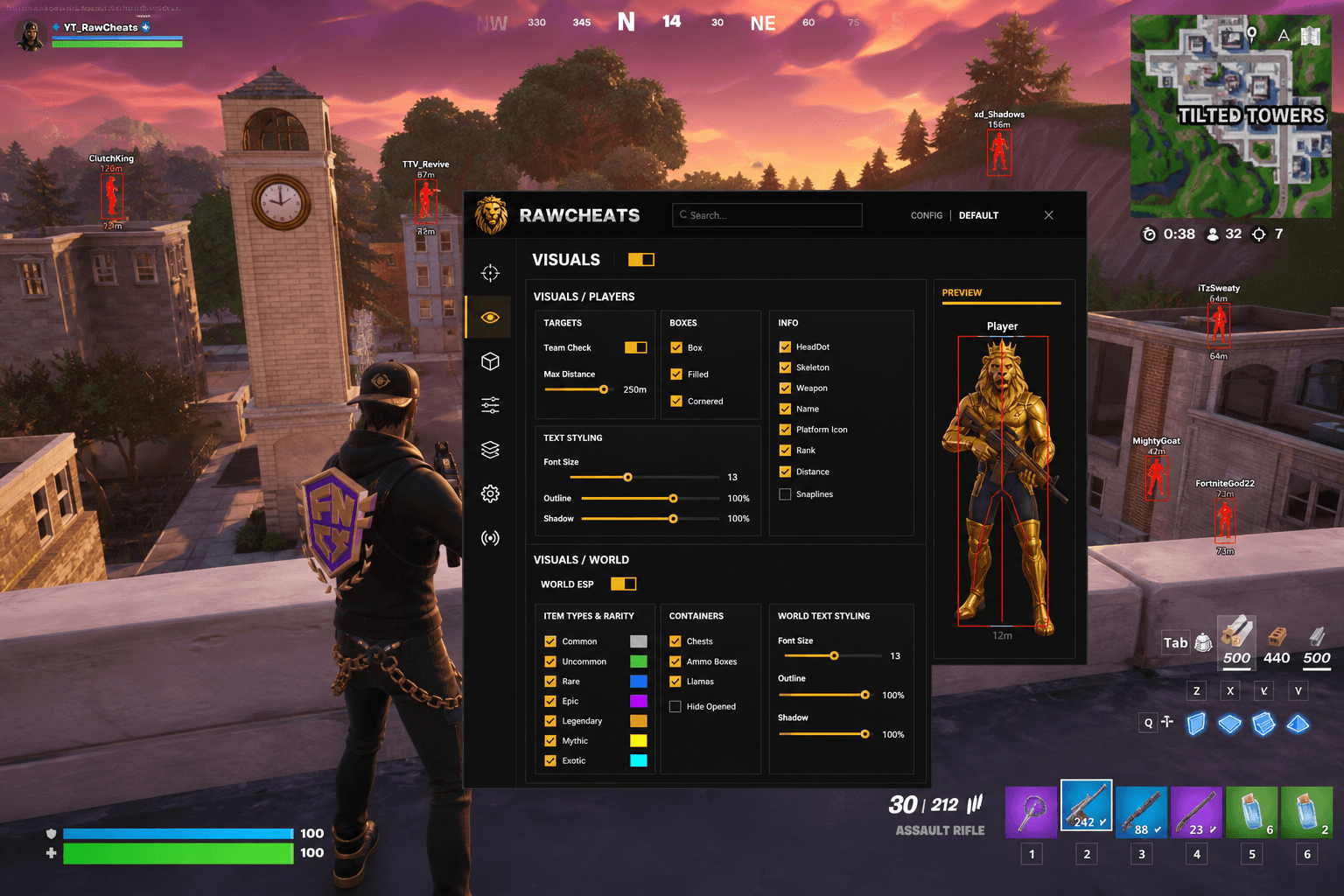 Undetected Fortnite Wallhack (2026) — in-game screenshot showing RawCheats overlay