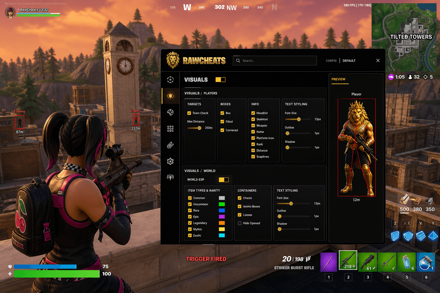 Undetected Fortnite Triggerbot (2026) — in-game screenshot showing RawCheats overlay