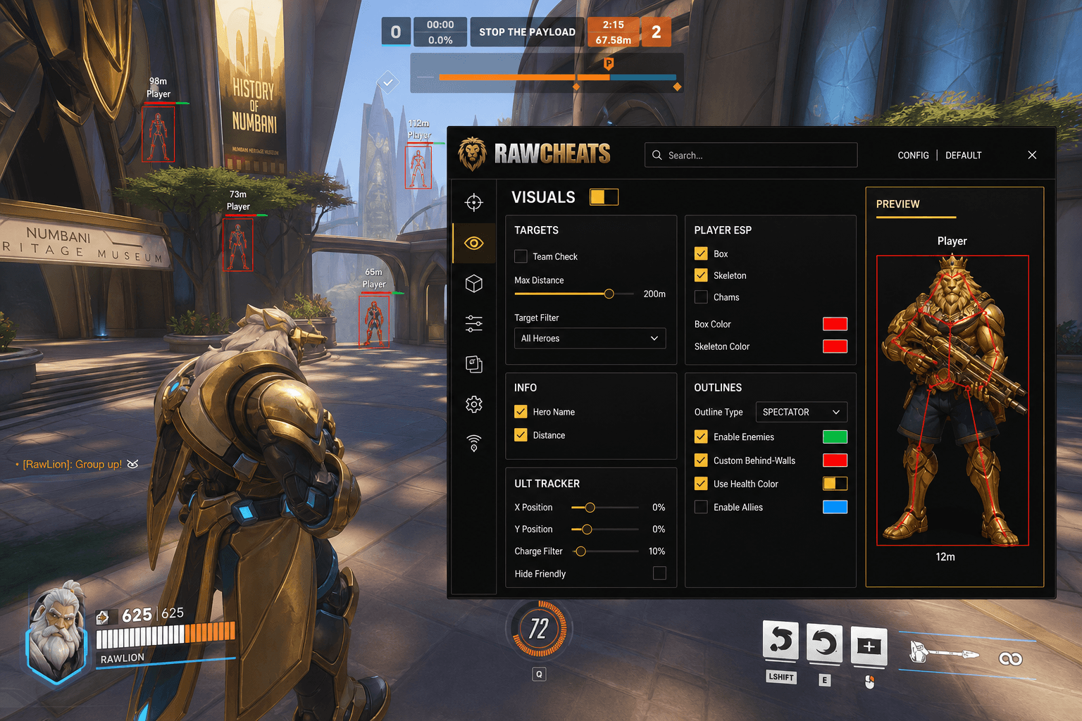 Undetected Overwatch 2 ESP (2026) — in-game screenshot showing RawCheats overlay