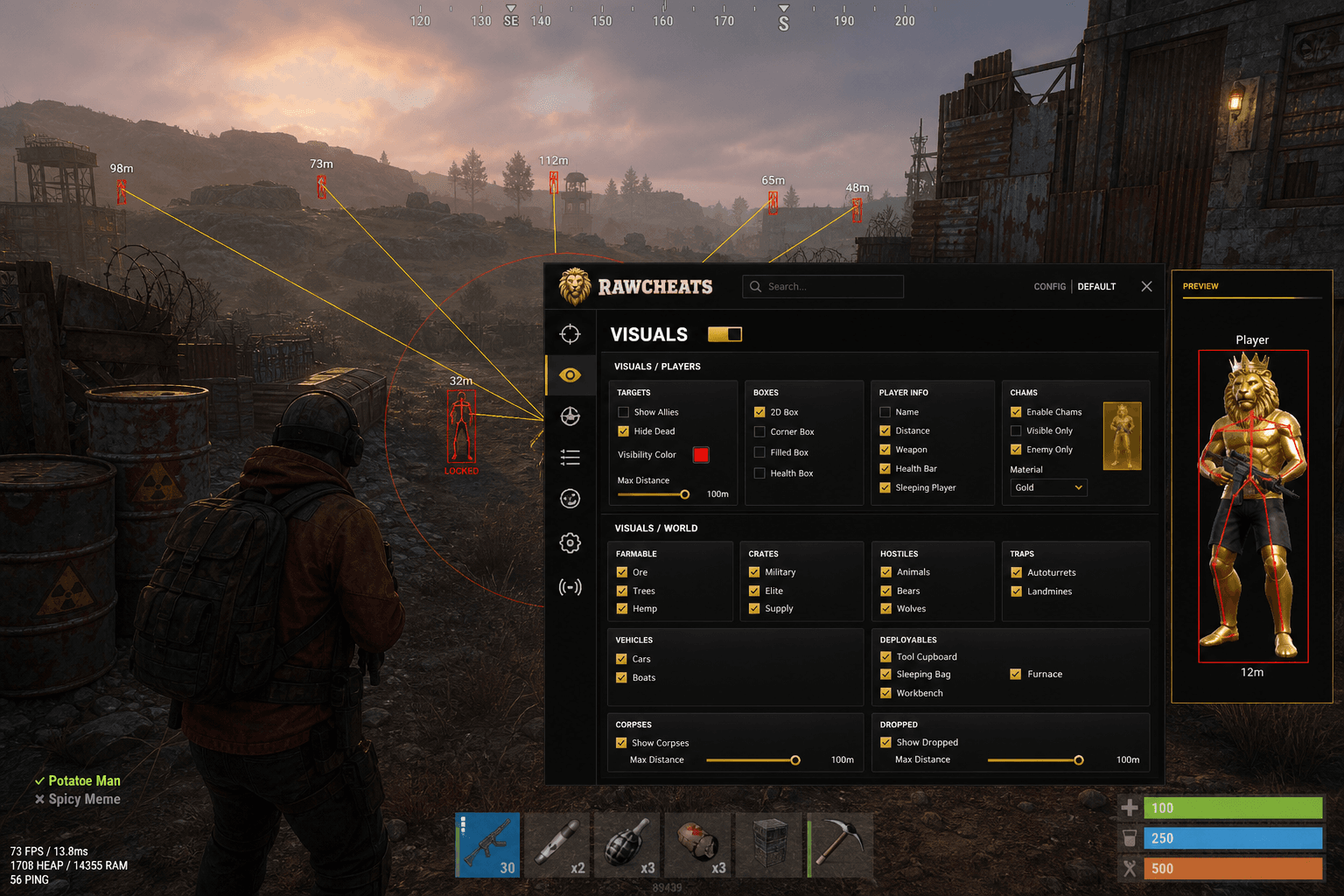 Rust gameplay with the RawCheats menu open showing aimbot and player ESP configuration