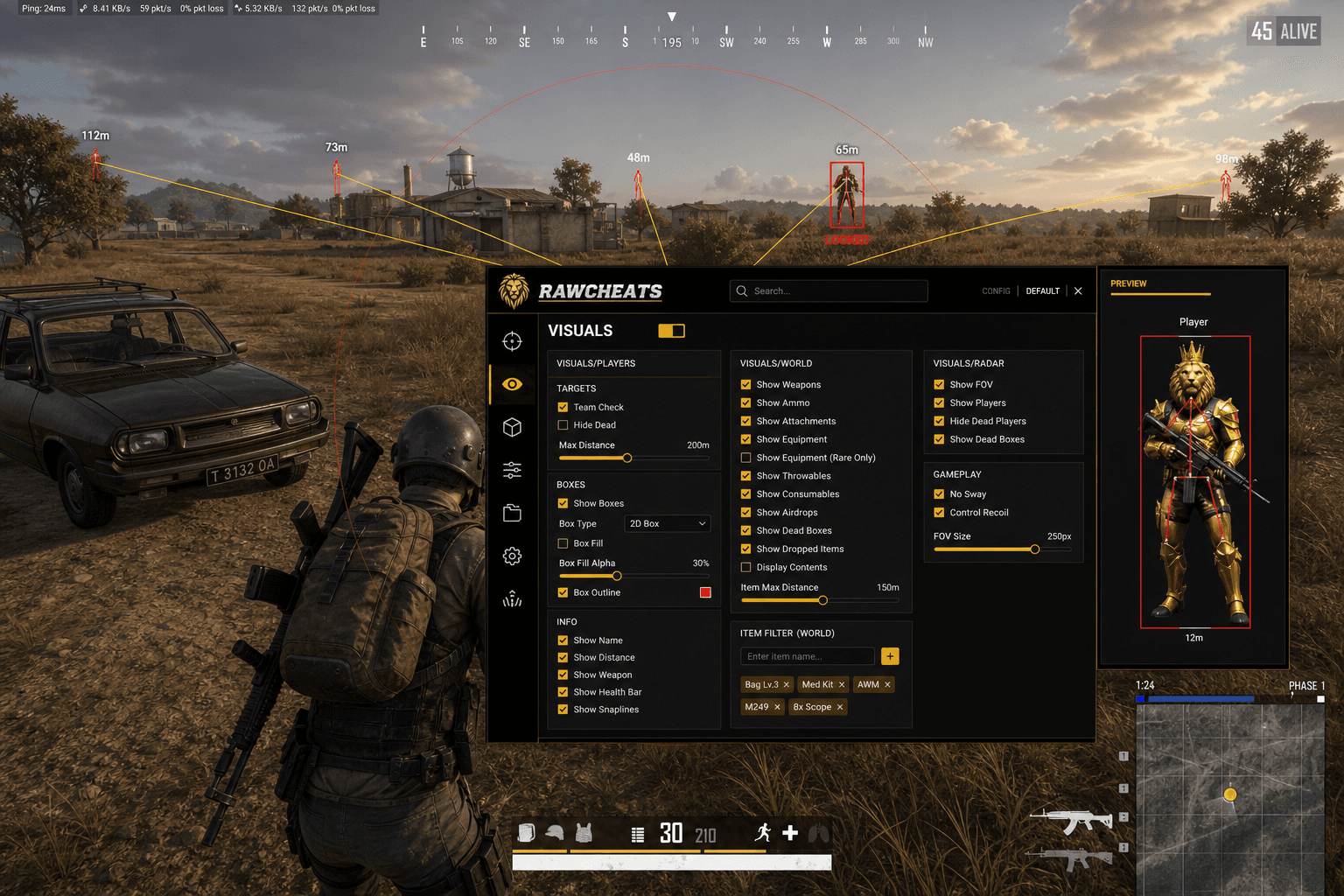 Undetected PUBG: BATTLEGROUNDS Aimbot (2026) — in-game screenshot showing RawCheats overlay