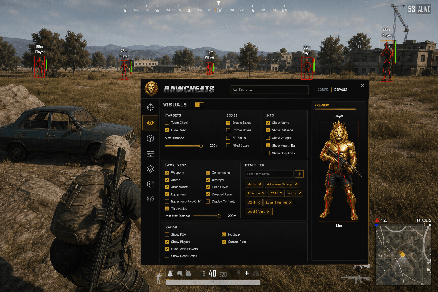 Undetected PUBG: BATTLEGROUNDS ESP (2026) — in-game screenshot showing RawCheats overlay