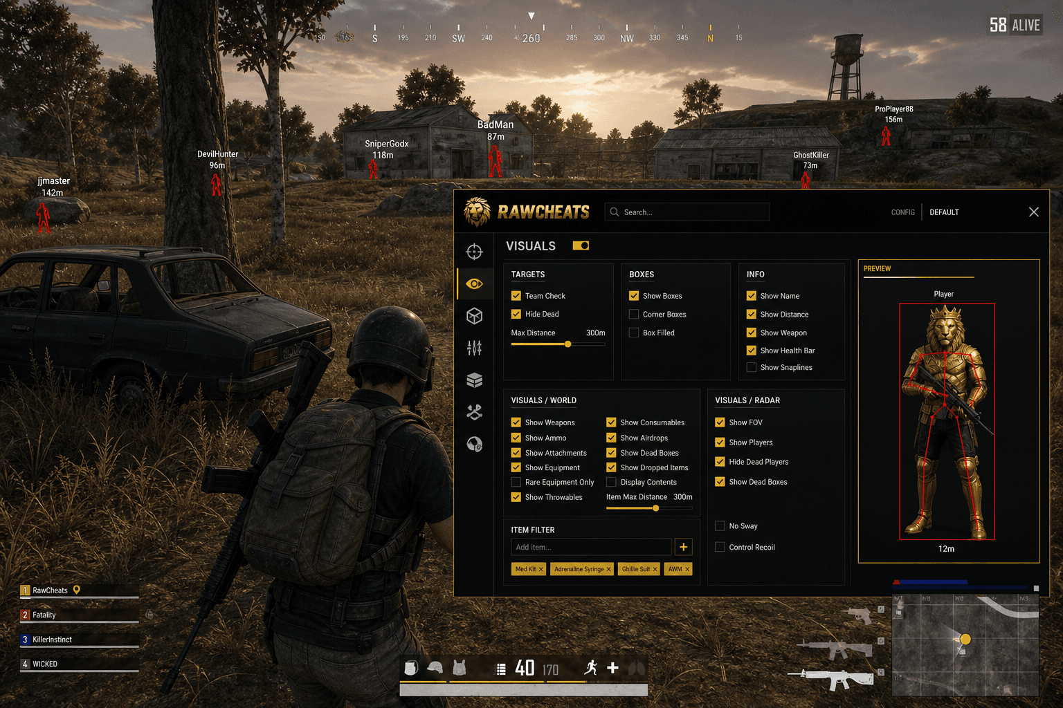 Undetected PUBG: BATTLEGROUNDS Wallhack (2026) — in-game screenshot showing RawCheats overlay