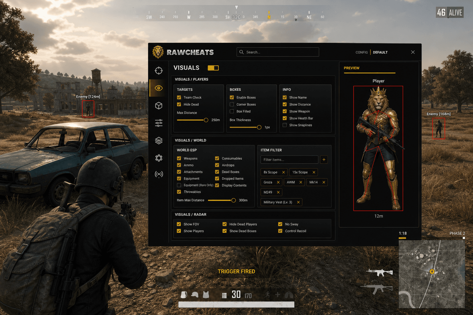Undetected PUBG: BATTLEGROUNDS Triggerbot (2026) — in-game screenshot showing RawCheats overlay