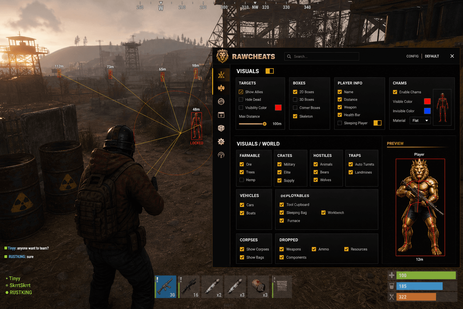 Undetected Rust Aimbot (2026) — in-game screenshot showing RawCheats overlay