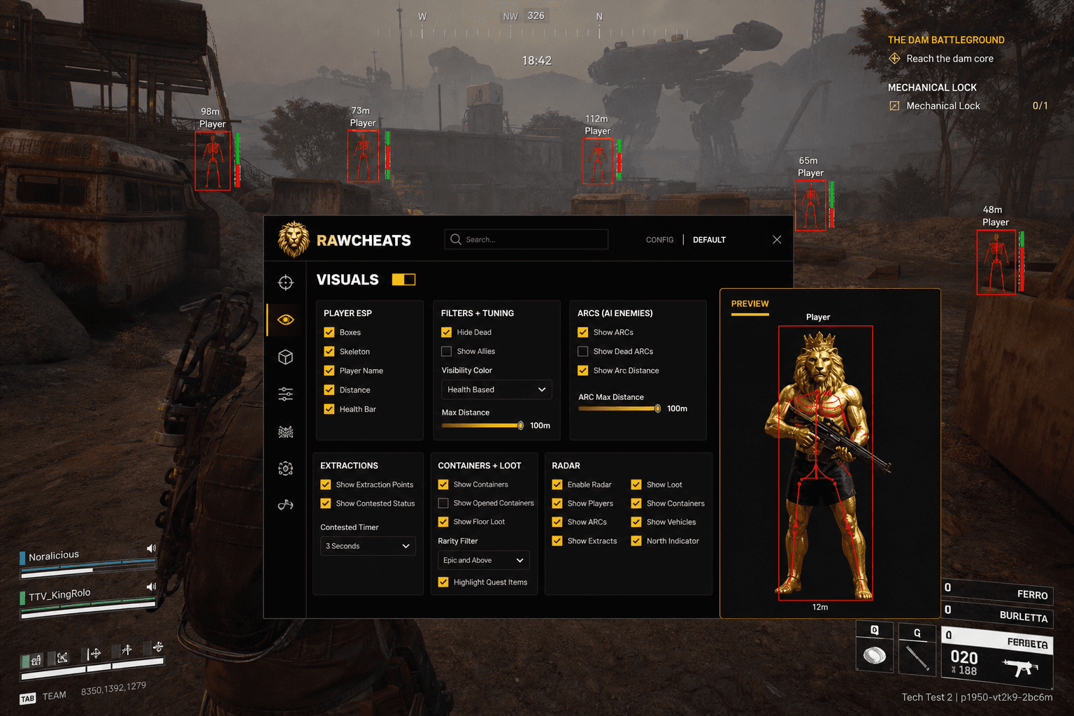 How to Set Up ARC Raiders Cheats in 2026 — in-game screenshot showing RawCheats overlay