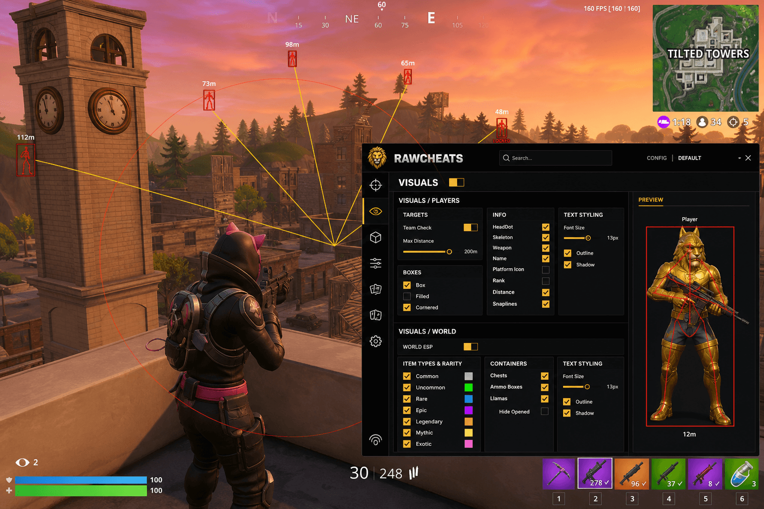 Cheap Fortnite Aimbot (2026) — in-game screenshot showing RawCheats overlay