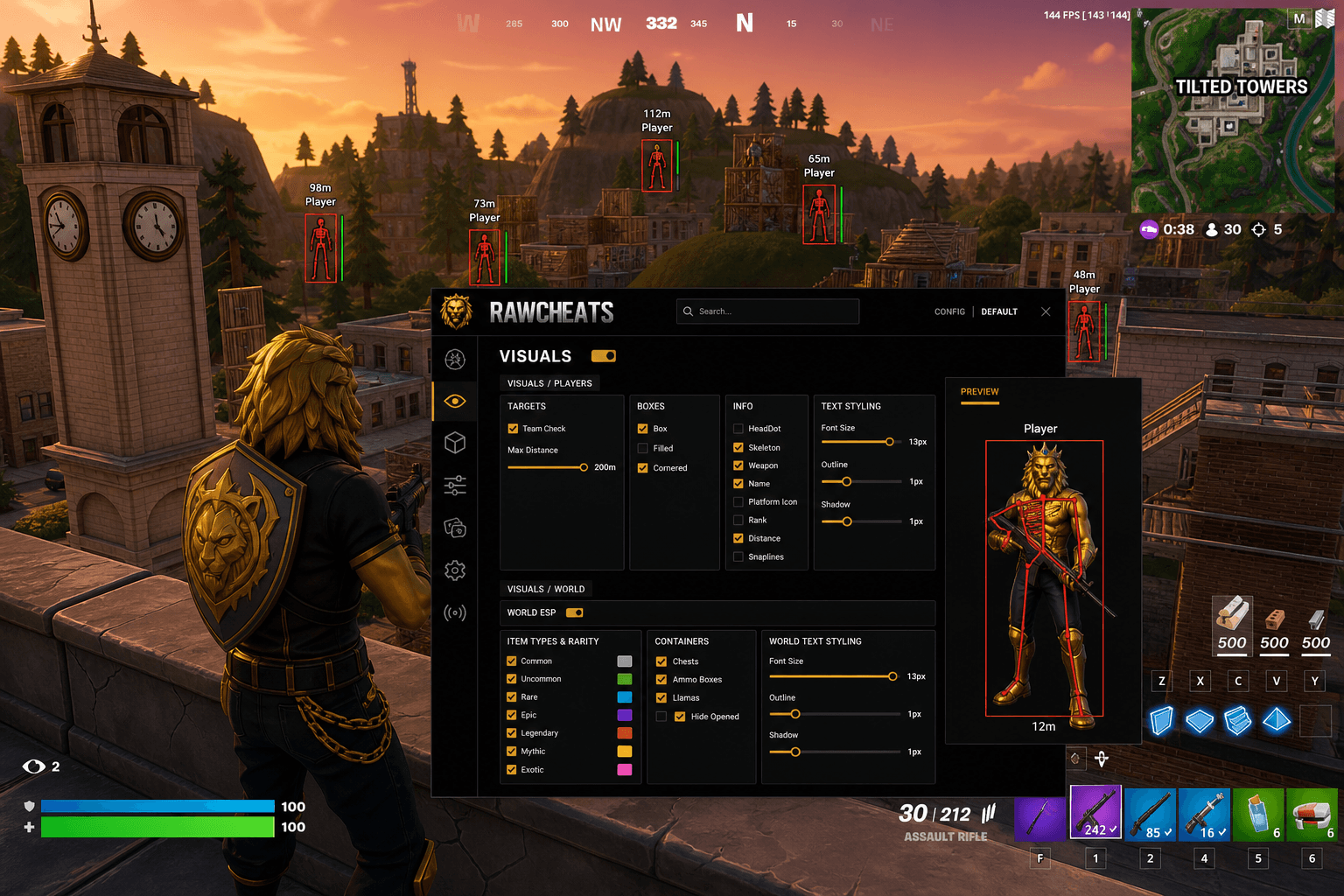 Cheap Fortnite ESP (2026) — in-game screenshot showing RawCheats overlay