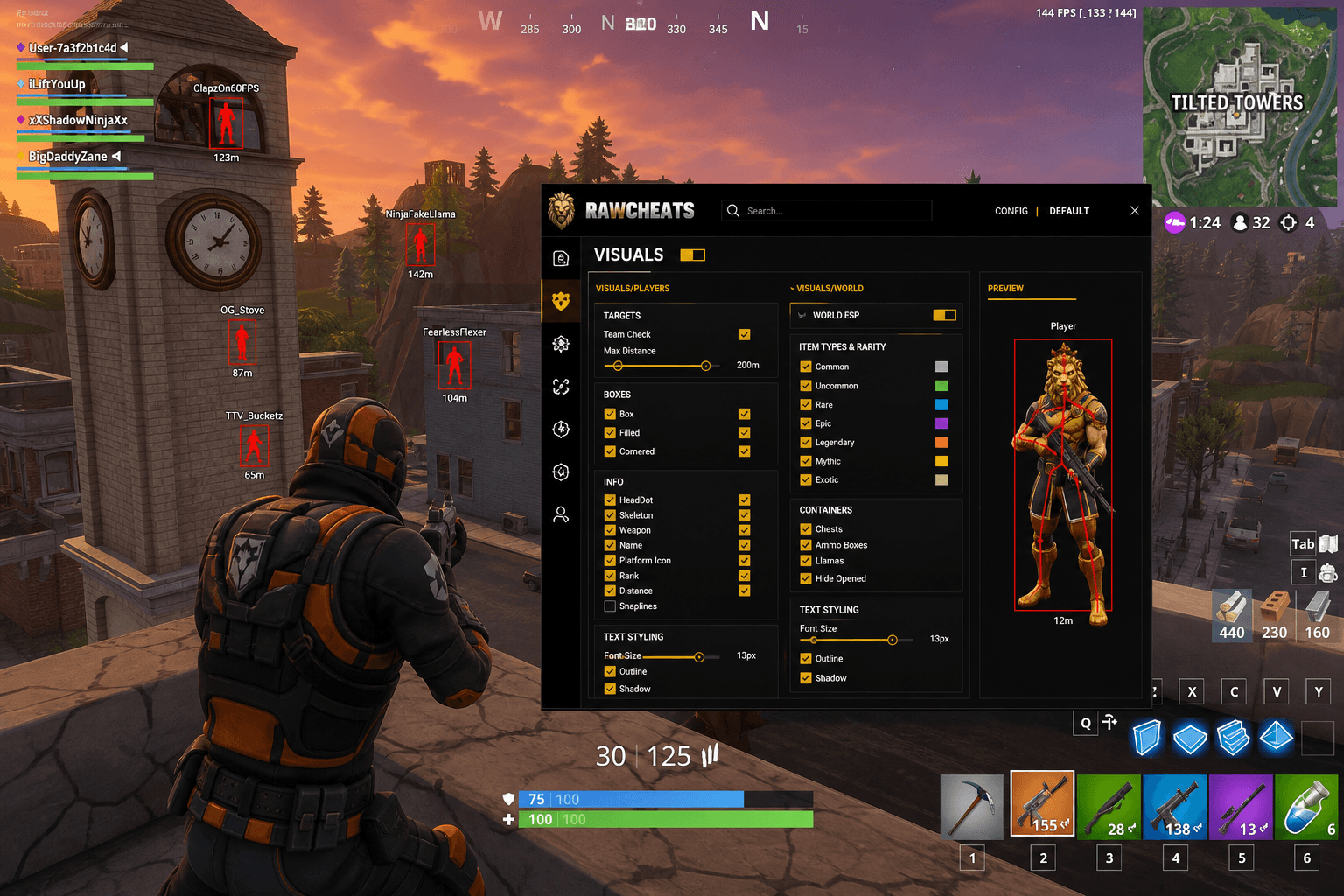 Cheap Fortnite Wallhack (2026) — in-game screenshot showing RawCheats overlay