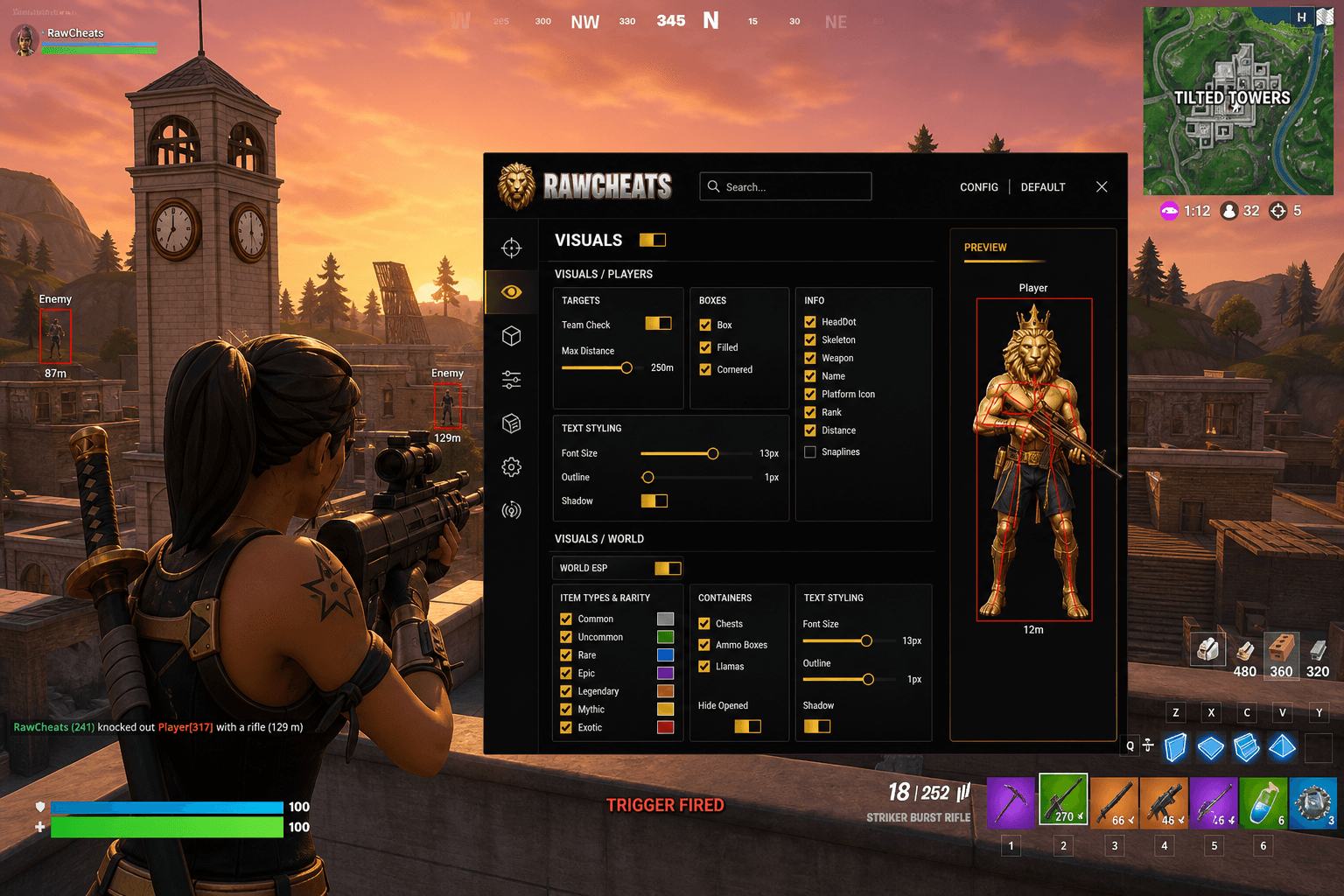 Cheap Fortnite Triggerbot (2026) — in-game screenshot showing RawCheats overlay