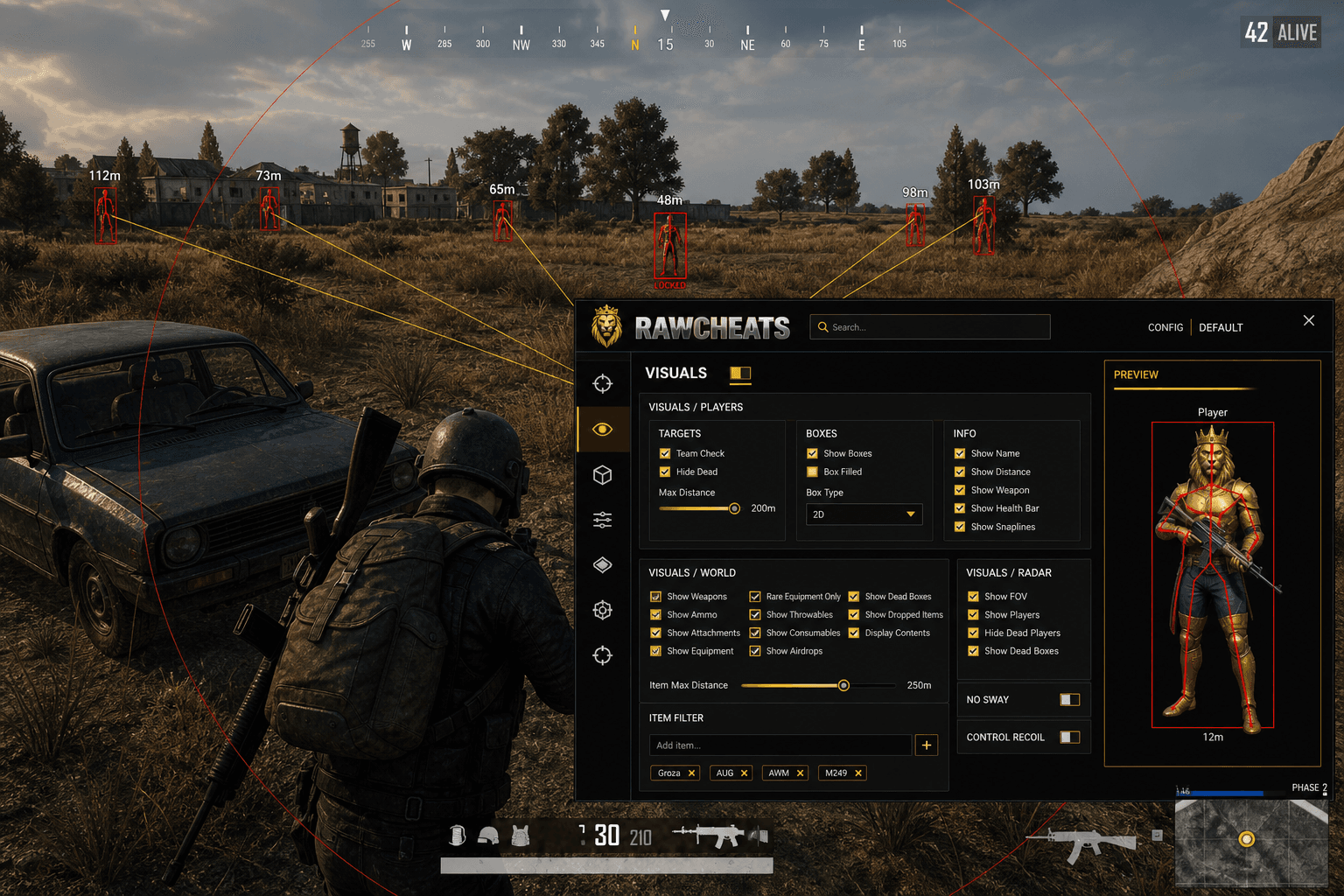 Cheap PUBG: BATTLEGROUNDS Aimbot (2026) — in-game screenshot showing RawCheats overlay