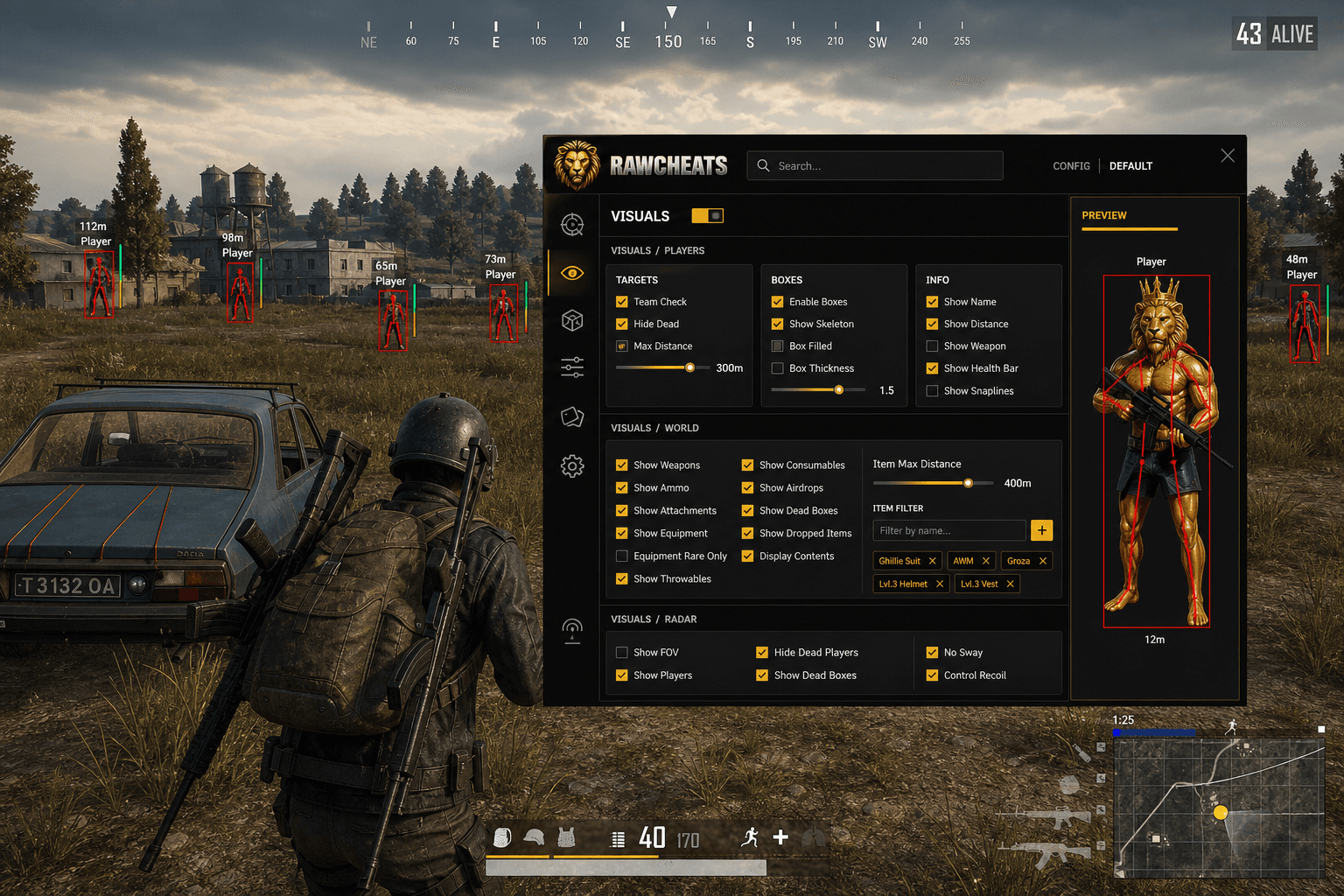 Cheap PUBG: BATTLEGROUNDS ESP (2026) — in-game screenshot showing RawCheats overlay