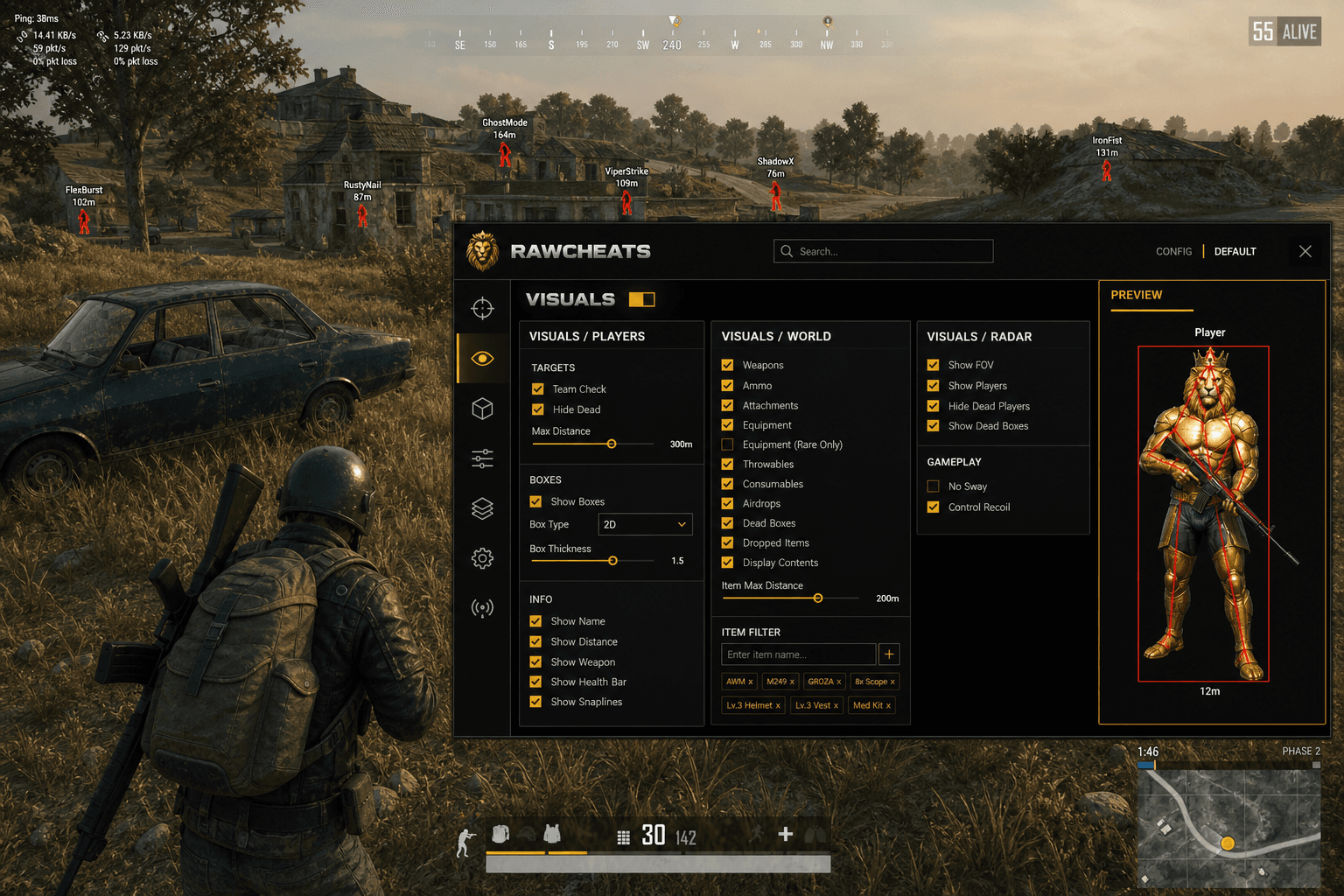 Cheap PUBG: BATTLEGROUNDS Wallhack (2026) — in-game screenshot showing RawCheats overlay