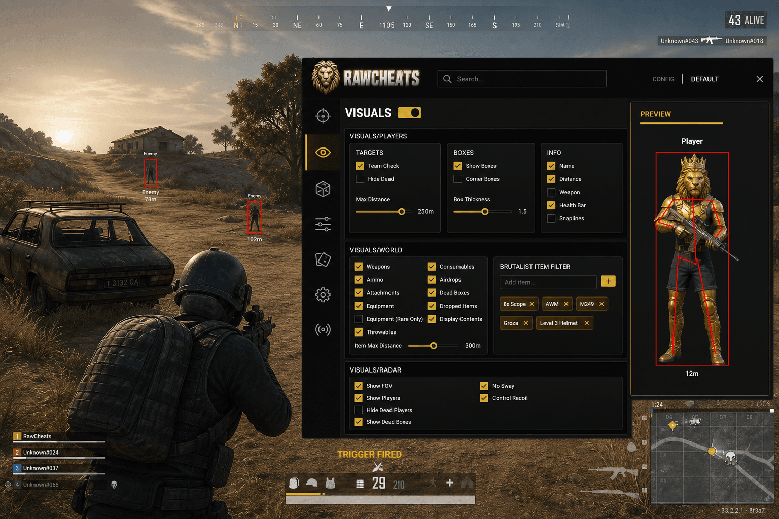 Cheap PUBG: BATTLEGROUNDS Triggerbot (2026) — in-game screenshot showing RawCheats overlay