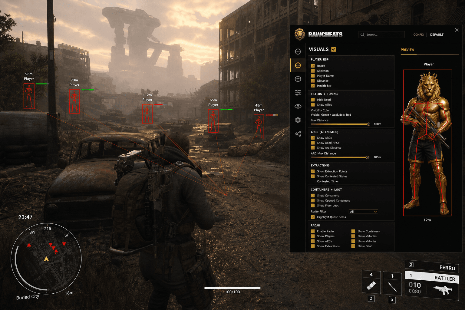 Best ARC Raiders Cheats (2026) — in-game screenshot showing RawCheats overlay
