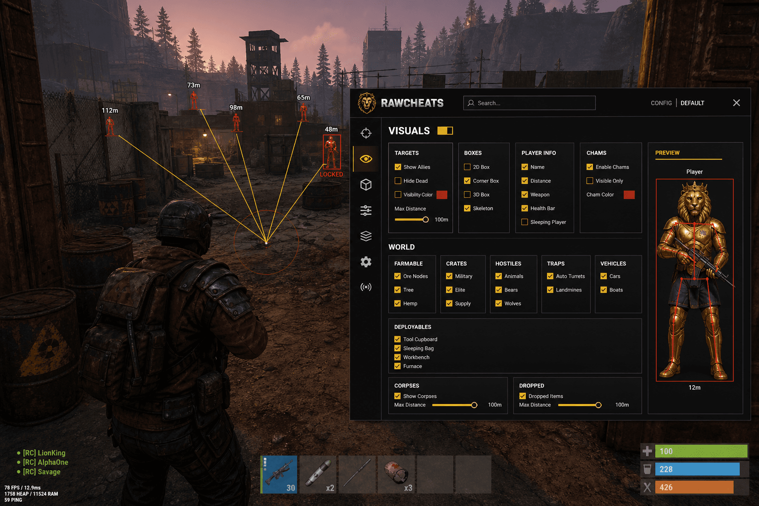 Cheap Rust Aimbot (2026) — in-game screenshot showing RawCheats overlay
