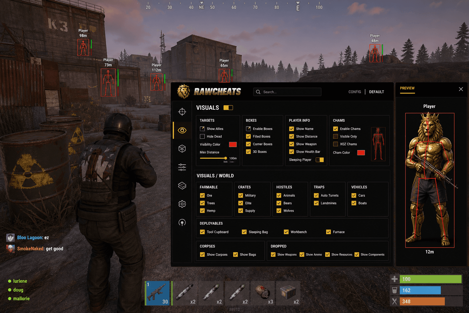 Cheap Rust ESP (2026) — in-game screenshot showing RawCheats overlay