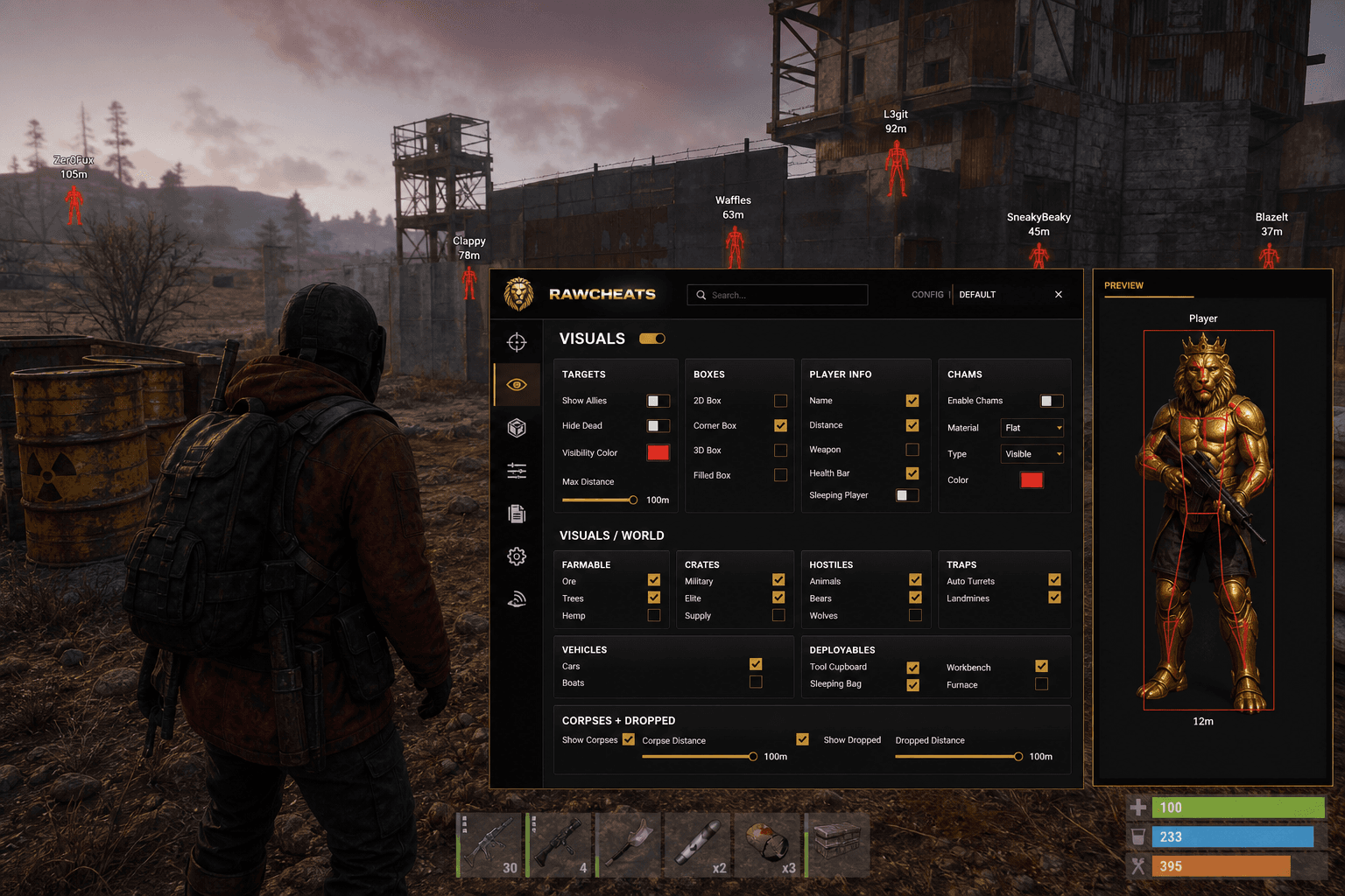 Cheap Rust Wallhack (2026) — in-game screenshot showing RawCheats overlay