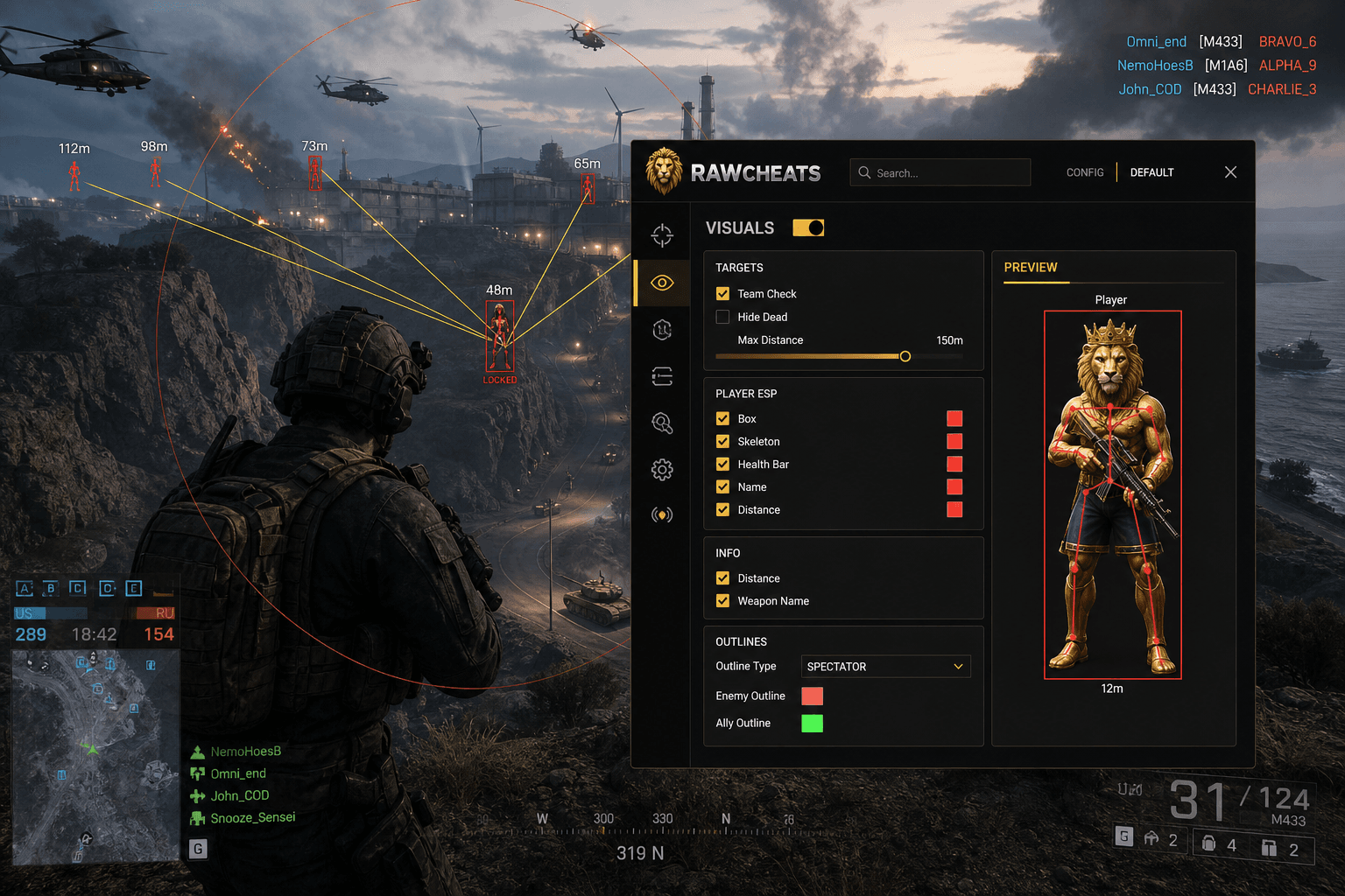 Battlefield 6 Aimbot — Silent Aim & Humanizer (2026) — in-game screenshot showing RawCheats overlay