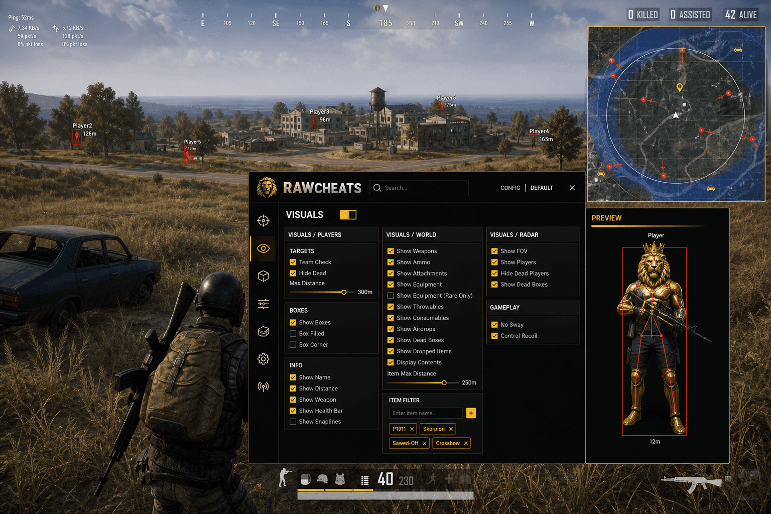 Undetected PUBG: BATTLEGROUNDS Radar (2026) — in-game screenshot showing RawCheats overlay