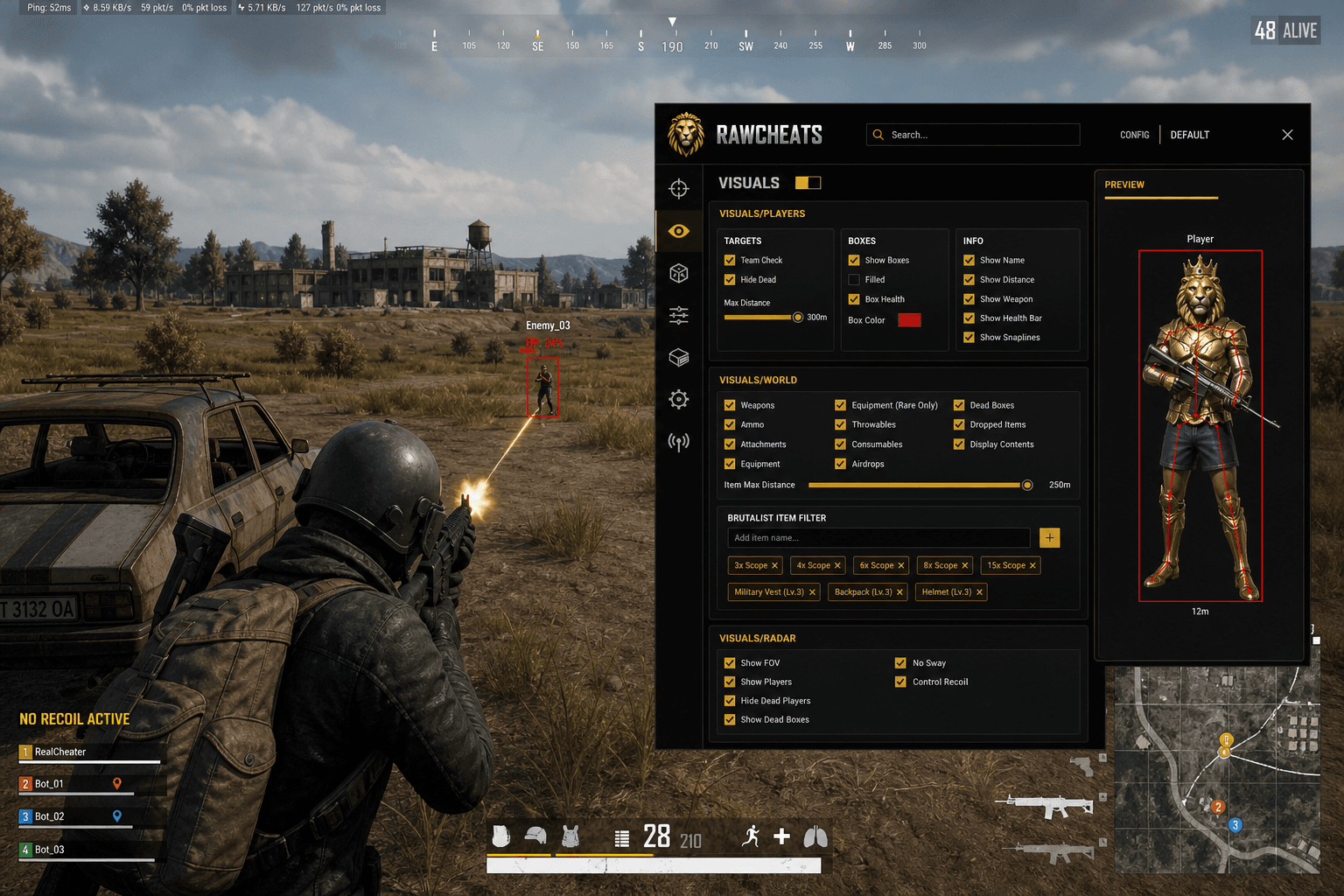 Undetected PUBG: BATTLEGROUNDS No Recoil (2026) — in-game screenshot showing RawCheats overlay