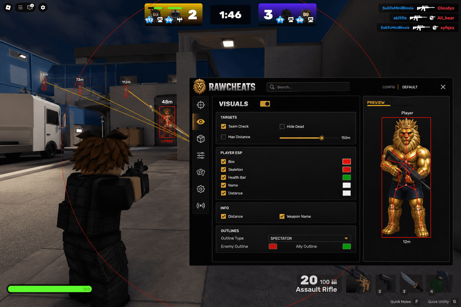 Undetected Roblox Aimbot (2026) — in-game screenshot showing RawCheats overlay