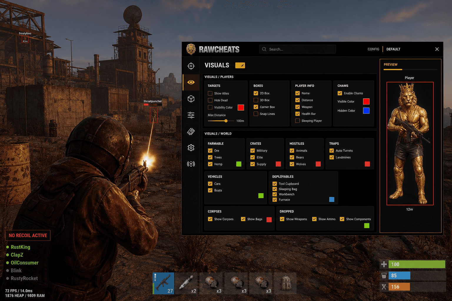 Undetected Rust No Recoil (2026) — in-game screenshot showing RawCheats overlay